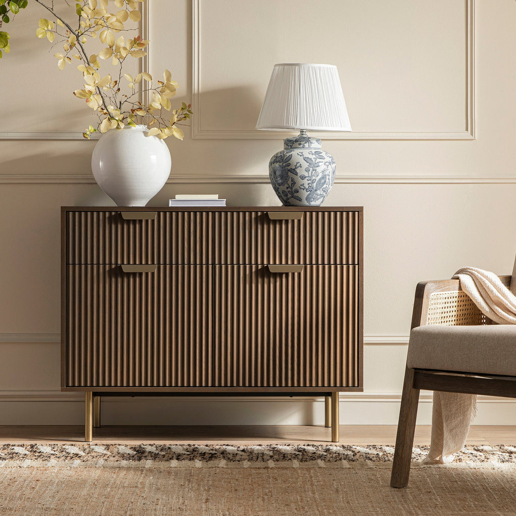 Ridged 2-Door Cabinet with Drawers, Dark Ash