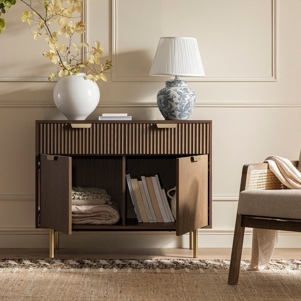 Ridged 2-Door Cabinet with Drawers, Dark Ash