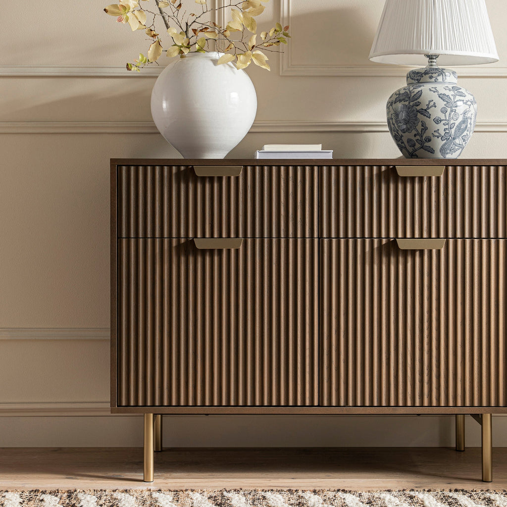 Ridged 2-Door Cabinet with Drawers, Dark Ash
