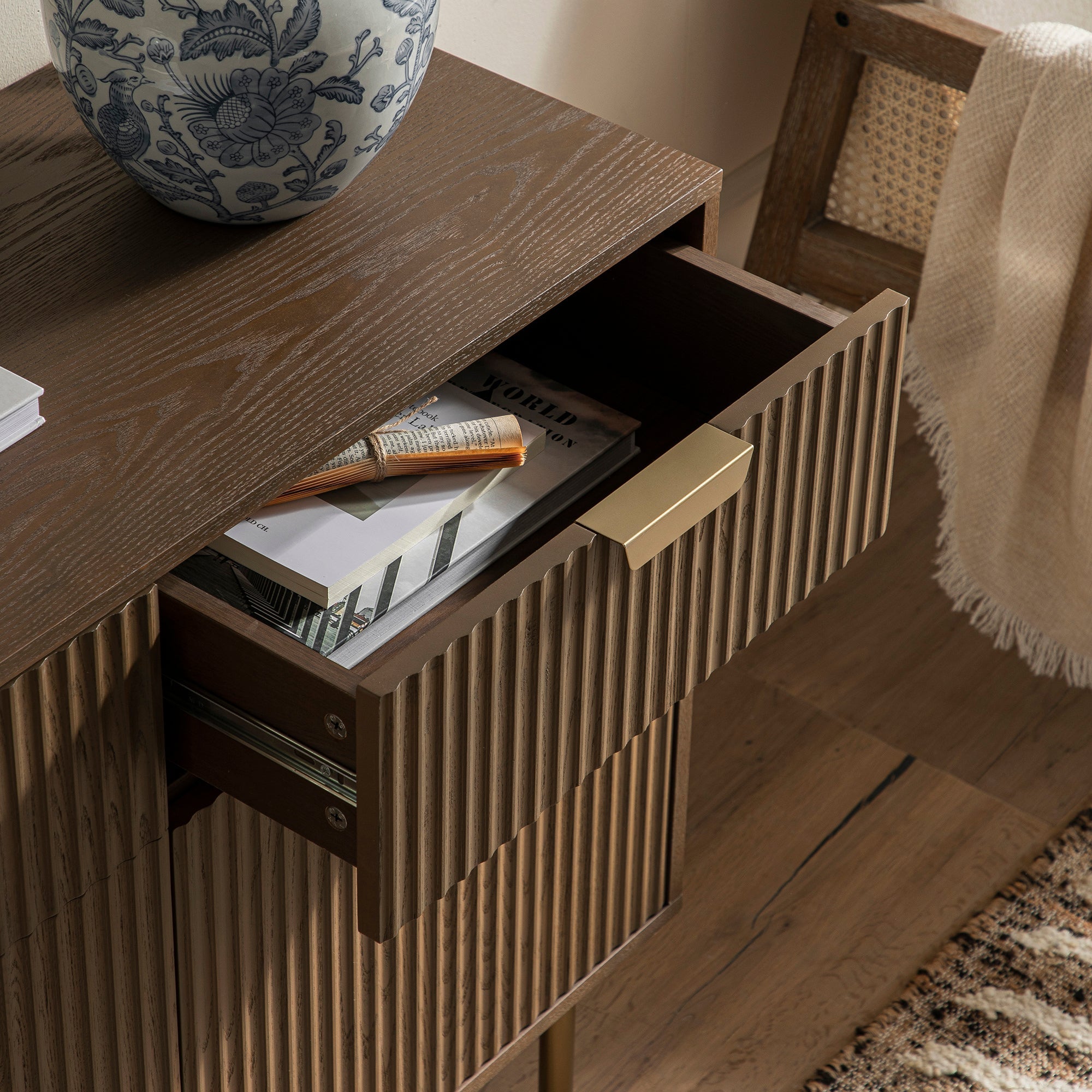 Ridged 2-Door Cabinet with Drawers, Dark Ash