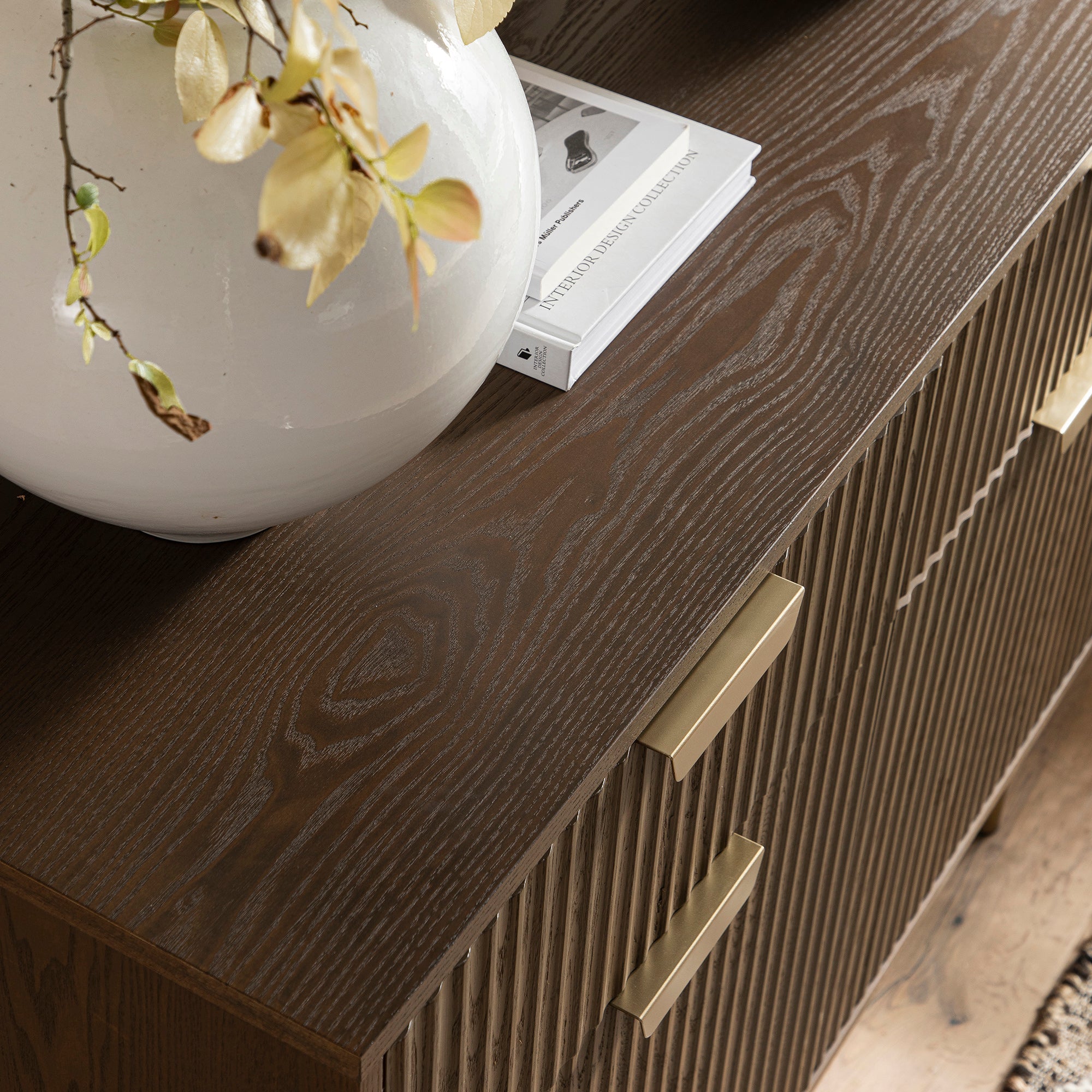 Ridged 2-Door Cabinet with Drawers, Dark Ash