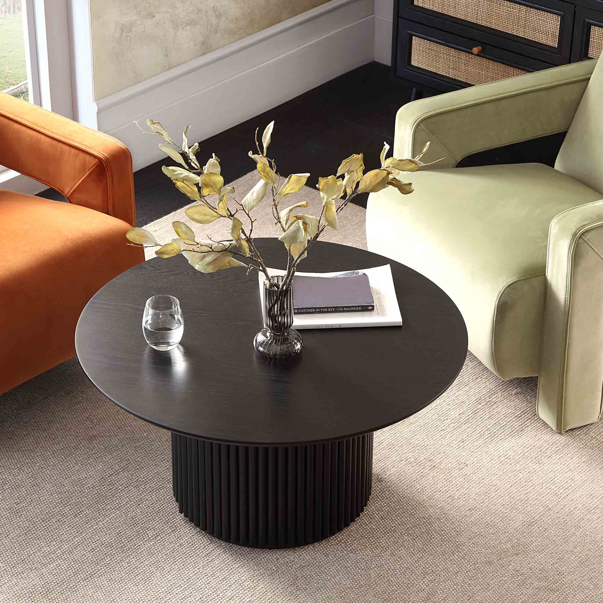 Round Oak Pedestal Coffee Table, Black