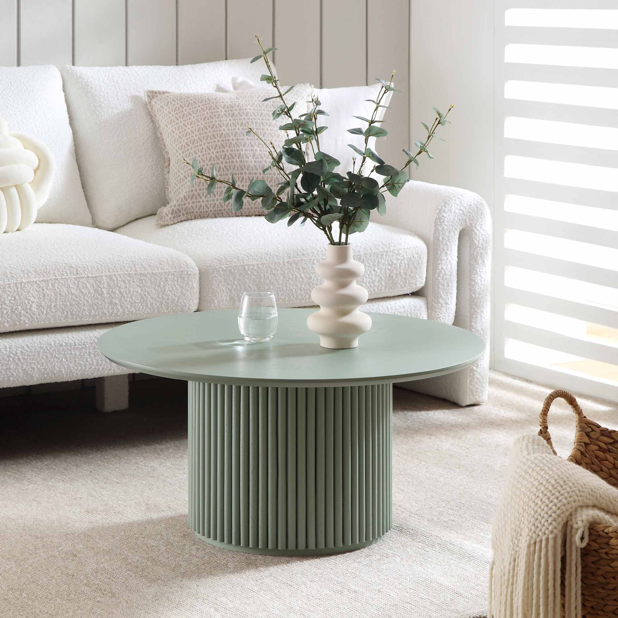 Round Oak Pedestal Coffee Table, Sage Green