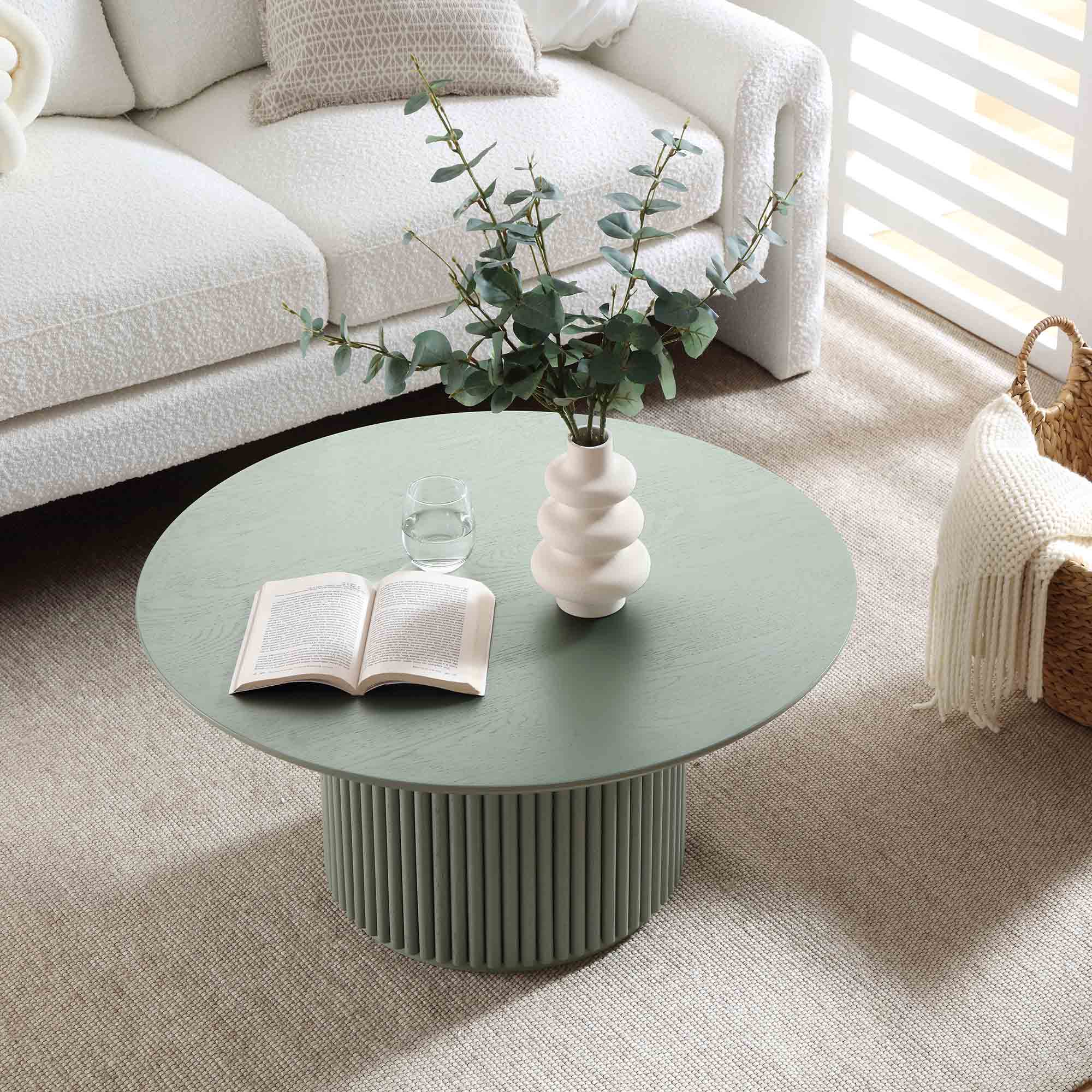 Round Oak Pedestal Coffee Table, Sage Green