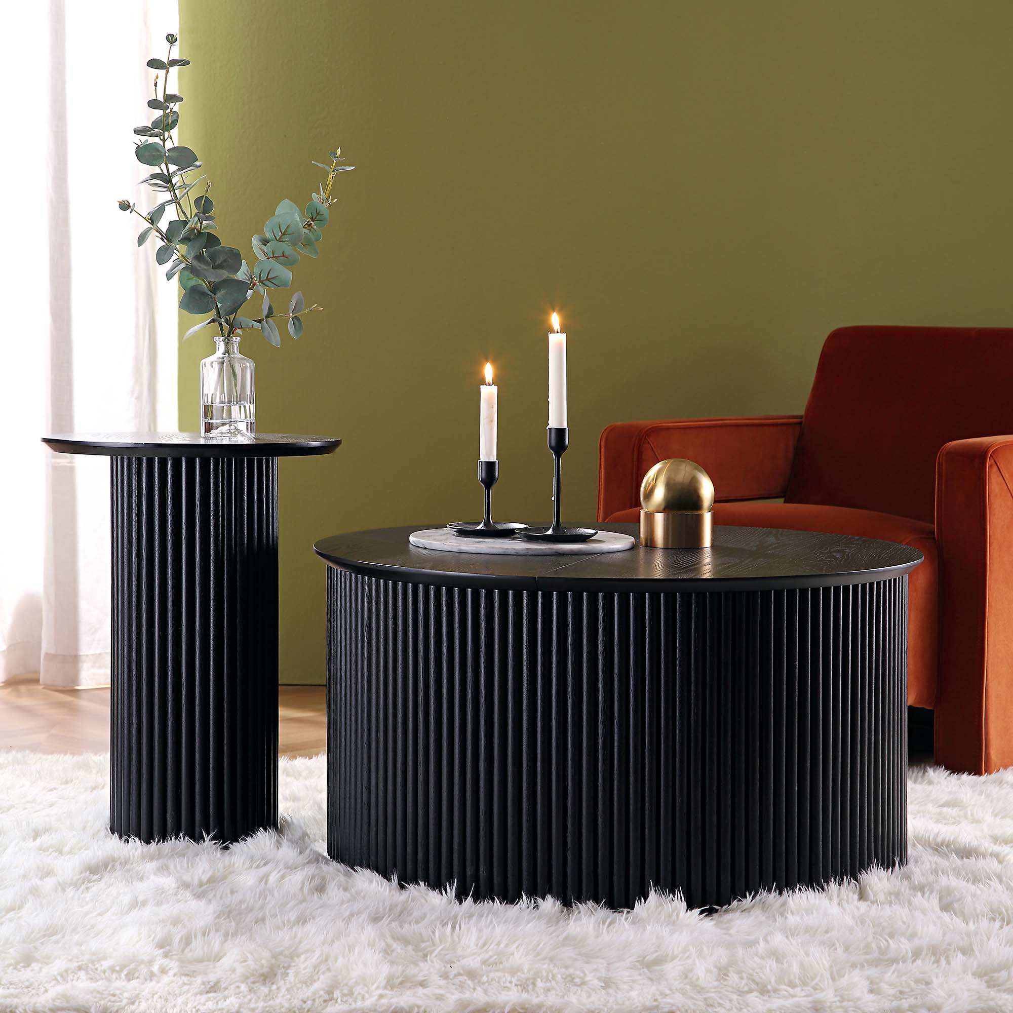 31.5" Black Elm Roulette Coffee Table with Double Storage, Rotating Top & Brushed Brass Legs