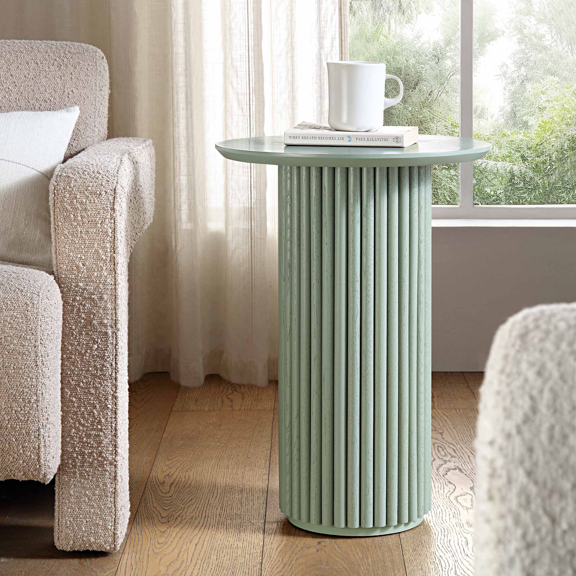 Oak Round Side Table, Sage Green