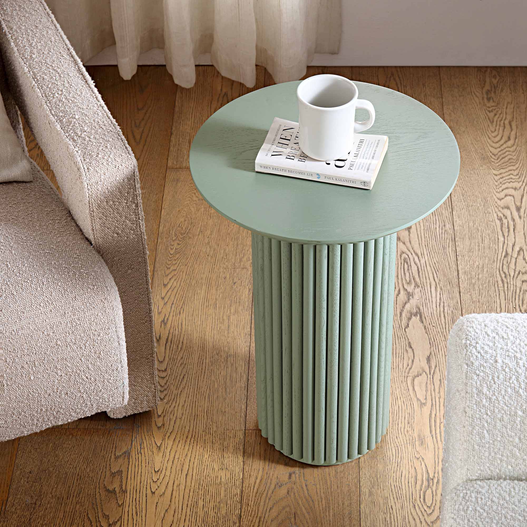 Oak Round Side Table, Sage Green