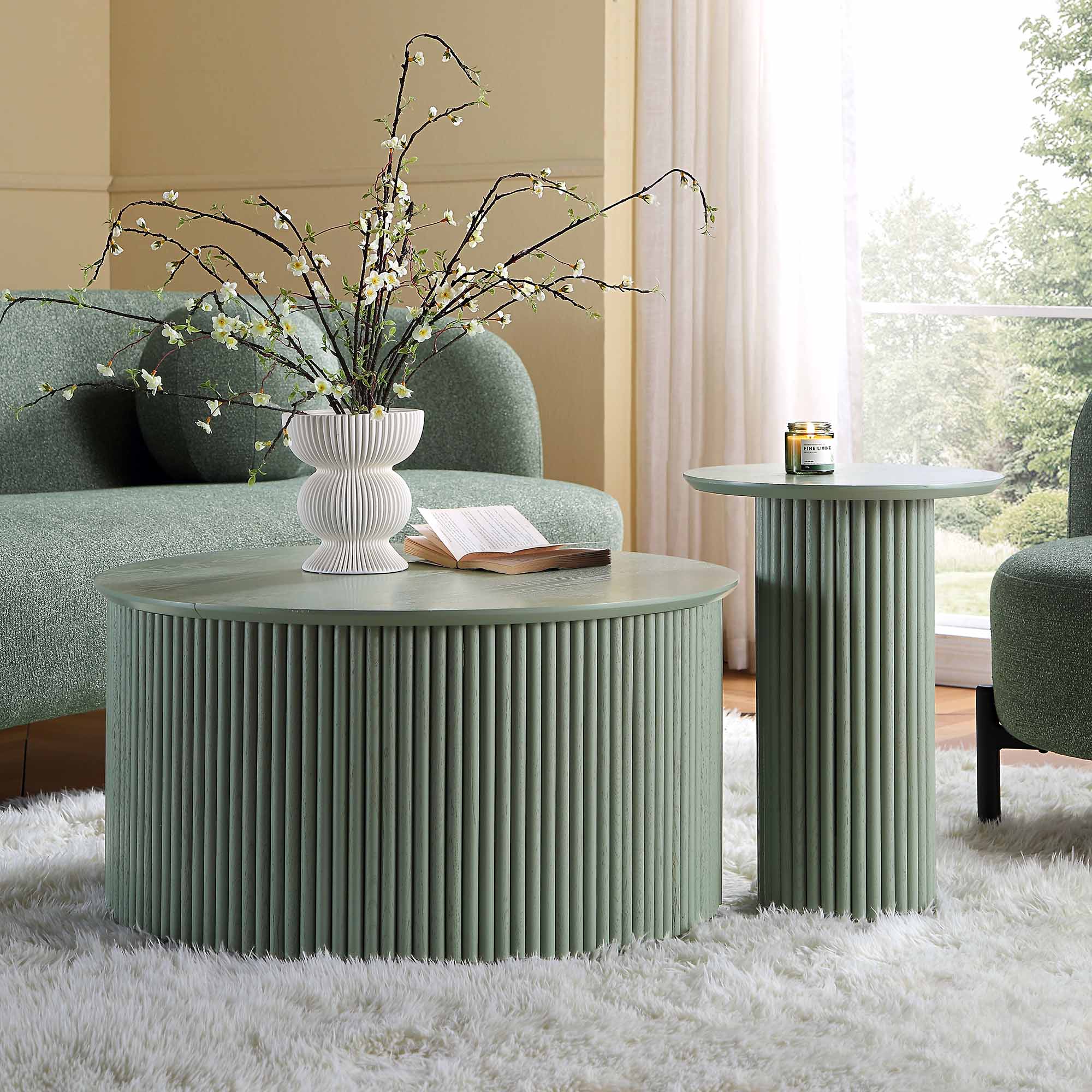 Oak Round Coffee Table with Storage, Sage Green