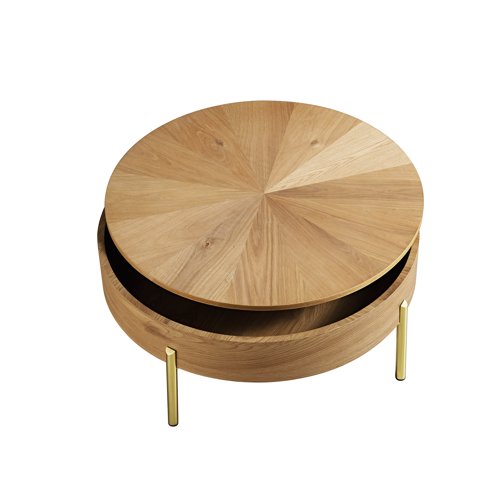 31.5" Oak Round Rotating Coffee Table with Hidden Storage & Gold Chrome Legs, Sunburst Pattern Top