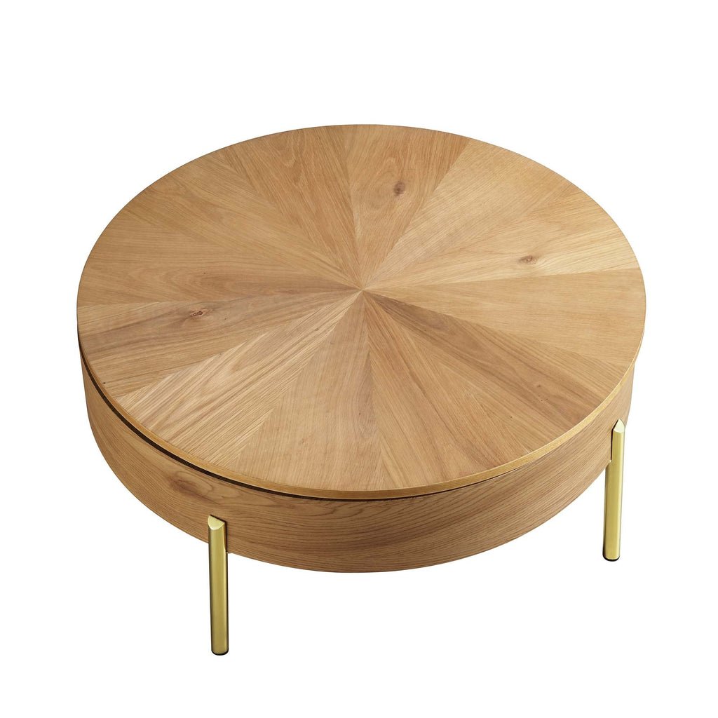 31.5" Oak Round Rotating Coffee Table with Hidden Storage & Gold Chrome Legs, Sunburst Pattern Top