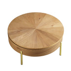 31.5" Oak Round Rotating Coffee Table with Hidden Storage & Gold Chrome Legs, Sunburst Pattern Top