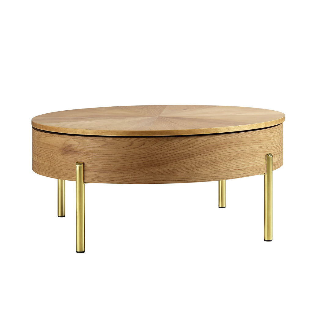 31.5" Oak Round Rotating Coffee Table with Hidden Storage & Gold Chrome Legs, Sunburst Pattern Top
