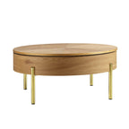 31.5" Oak Round Rotating Coffee Table with Hidden Storage & Gold Chrome Legs, Sunburst Pattern Top