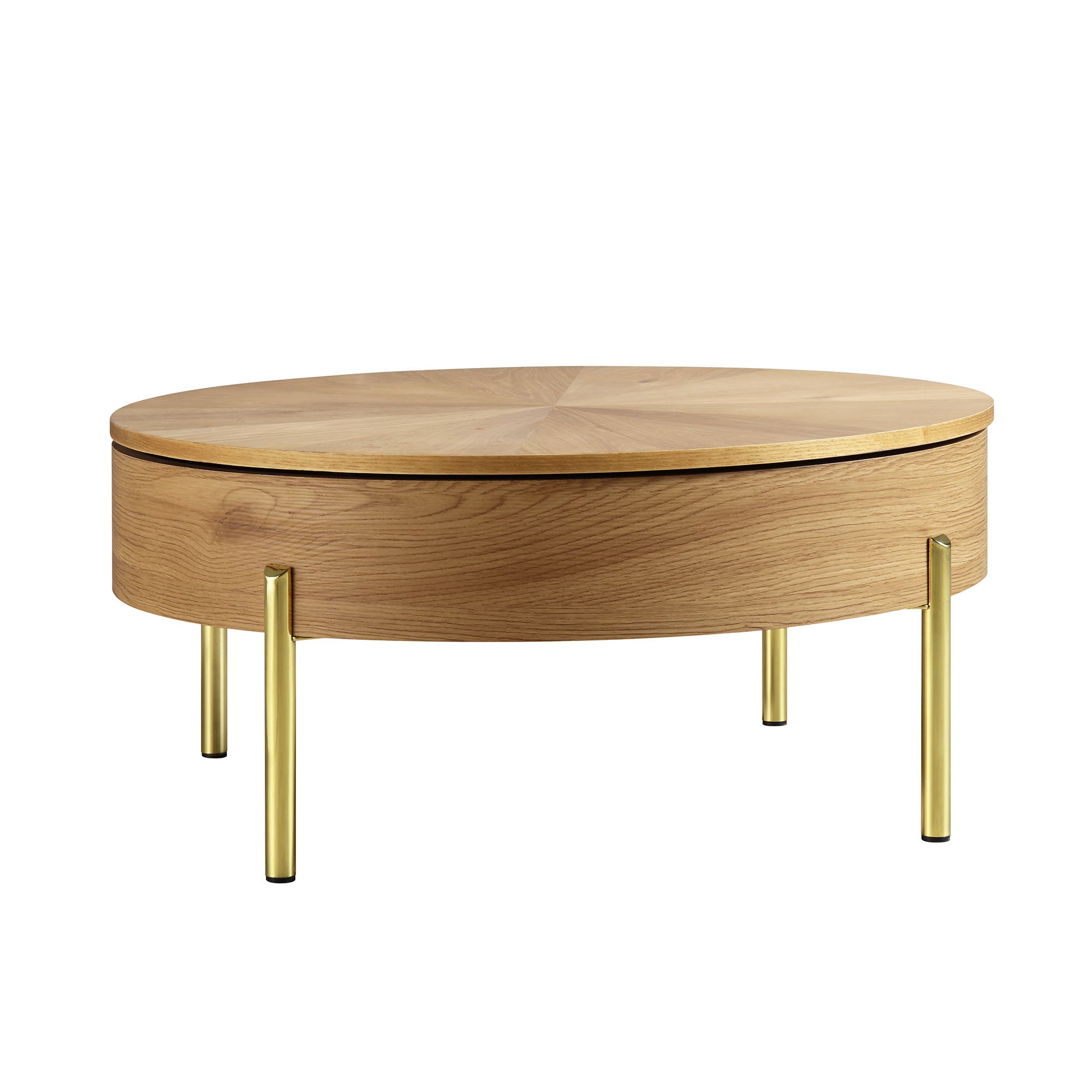 31.5" Oak Round Rotating Coffee Table with Hidden Storage & Gold Chrome Legs, Sunburst Pattern Top