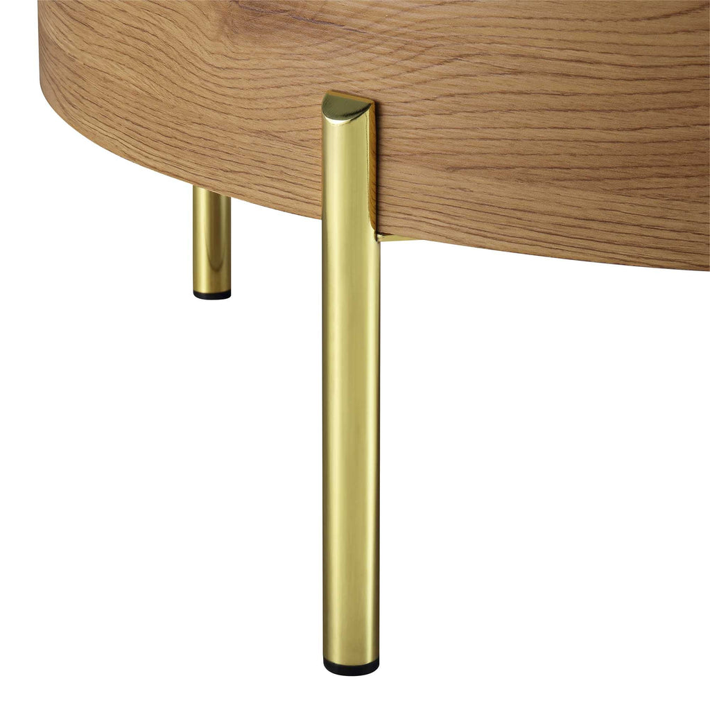 31.5" Oak Round Rotating Coffee Table with Hidden Storage & Gold Chrome Legs, Sunburst Pattern Top