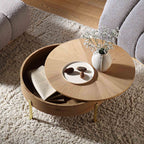 31.5" Oak Round Rotating Coffee Table with Hidden Storage & Gold Chrome Legs, Sunburst Pattern Top
