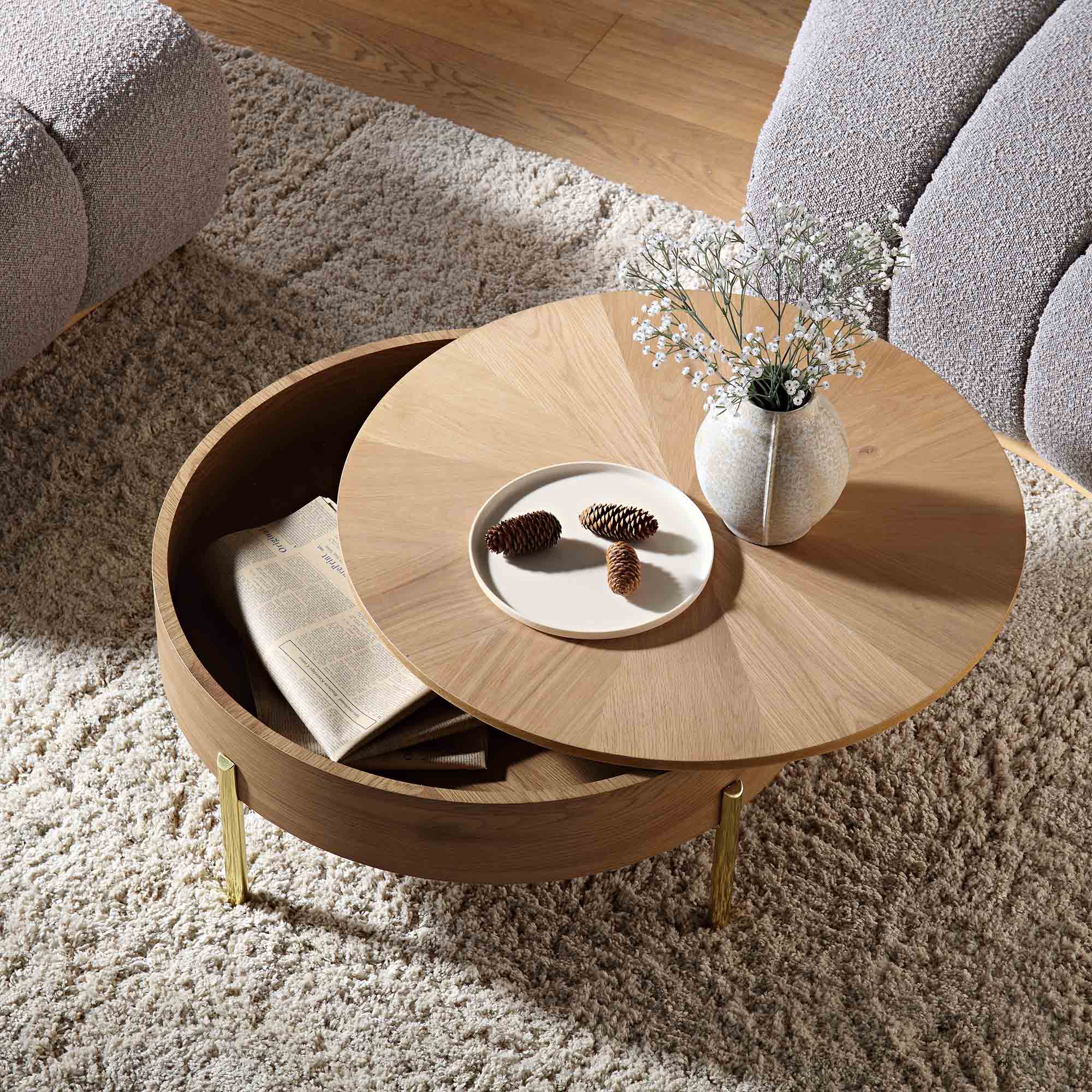 31.5" Oak Round Rotating Coffee Table with Hidden Storage & Gold Chrome Legs, Sunburst Pattern Top