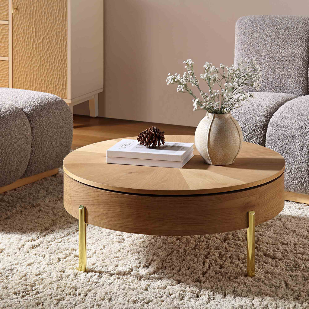 31.5" Oak Round Rotating Coffee Table with Hidden Storage & Gold Chrome Legs, Sunburst Pattern Top
