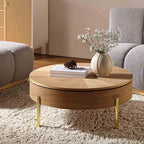 31.5" Oak Round Rotating Coffee Table with Hidden Storage & Gold Chrome Legs, Sunburst Pattern Top