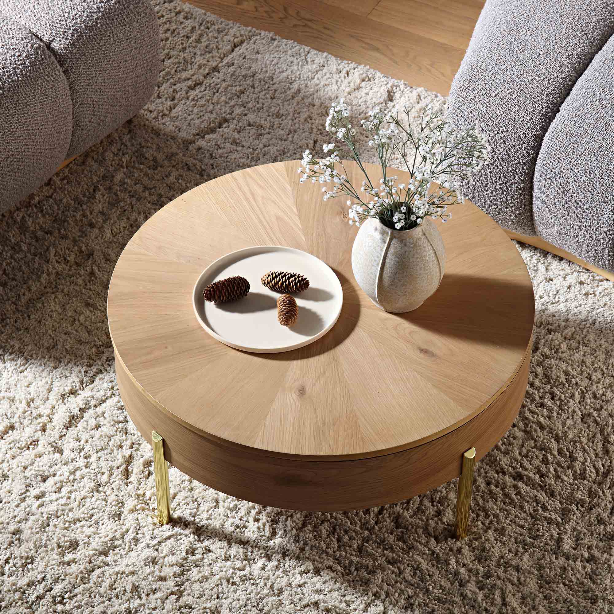 31.5" Oak Round Rotating Coffee Table with Hidden Storage & Gold Chrome Legs, Sunburst Pattern Top