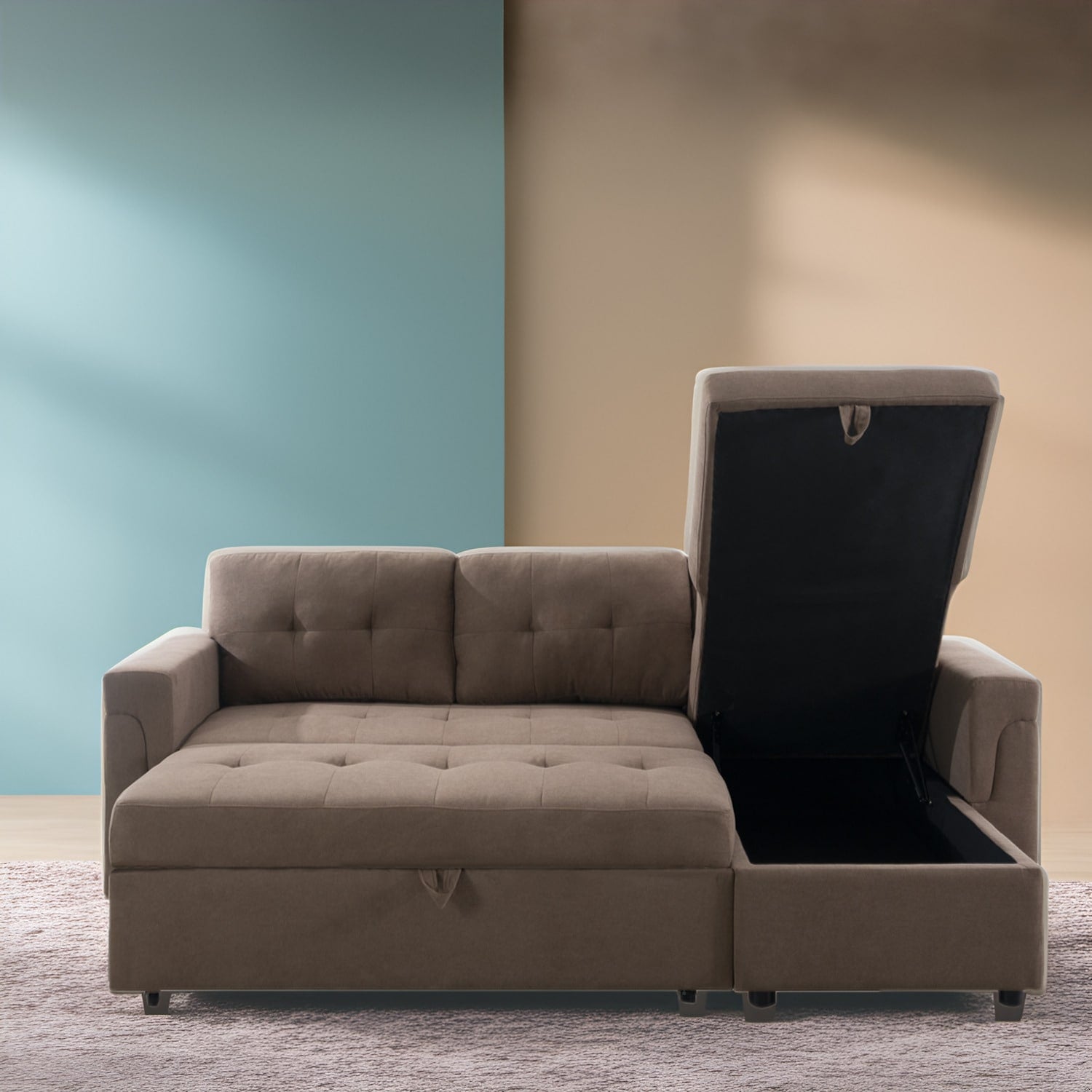 Convertible Reversible Sectional Sofa with Pull-Out Sleeper Bed, Hidden Storage Chaise, and Durable Legs