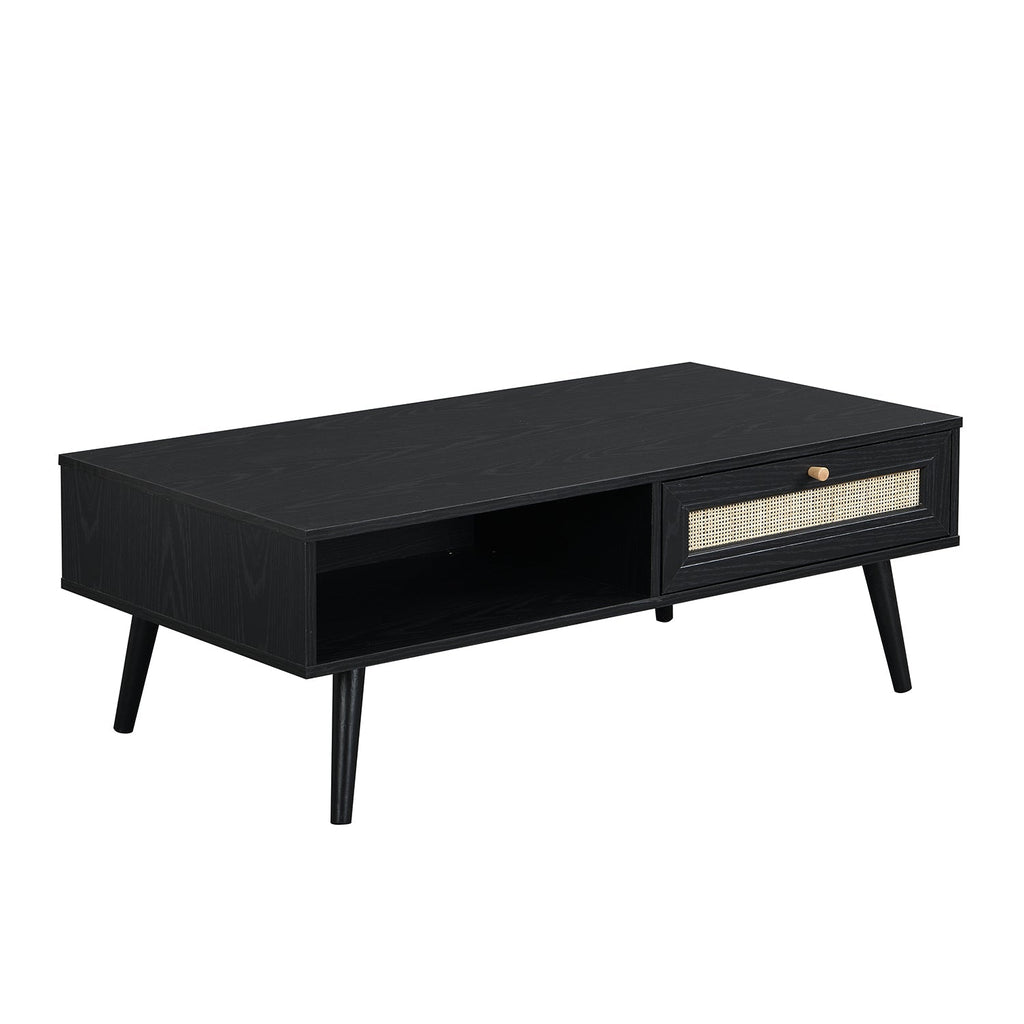 Woven Rattan Wooden Coffee Table in Black