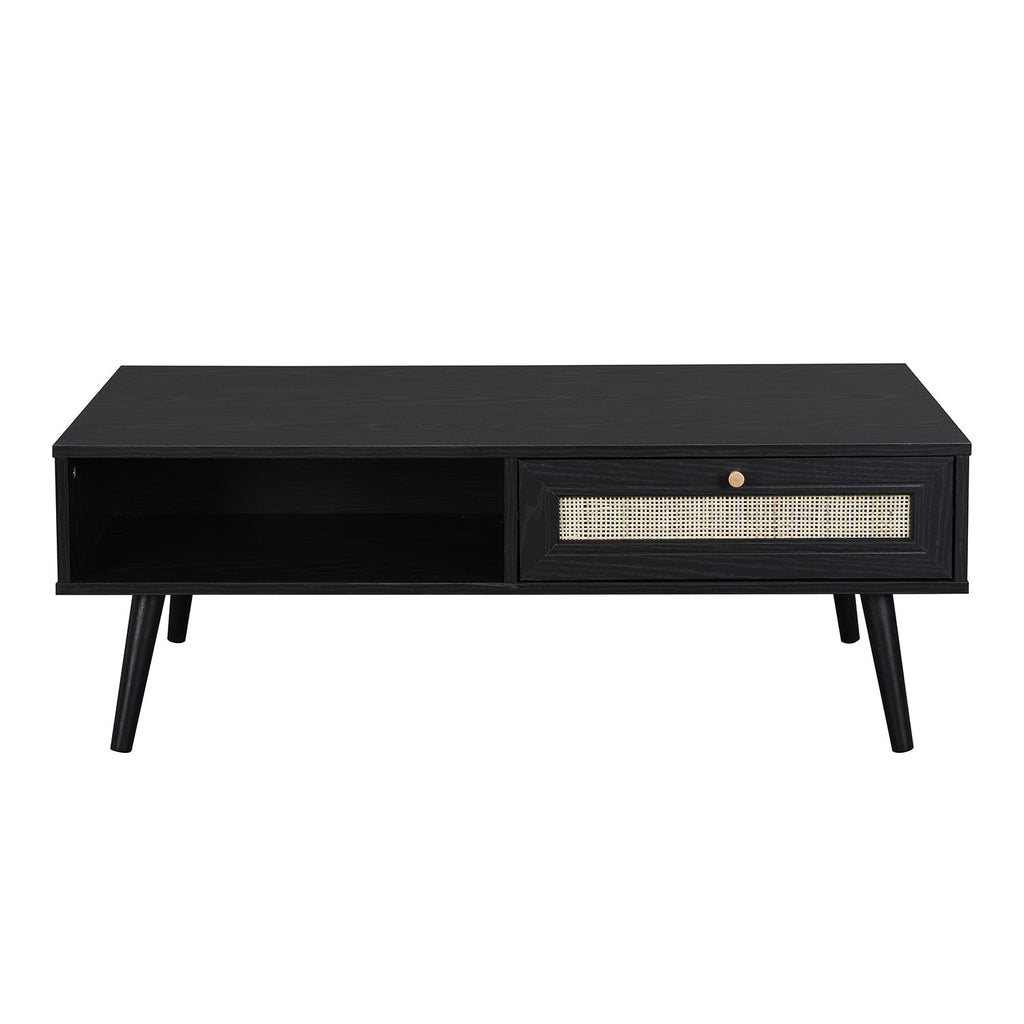 Woven Rattan Wooden Coffee Table in Black