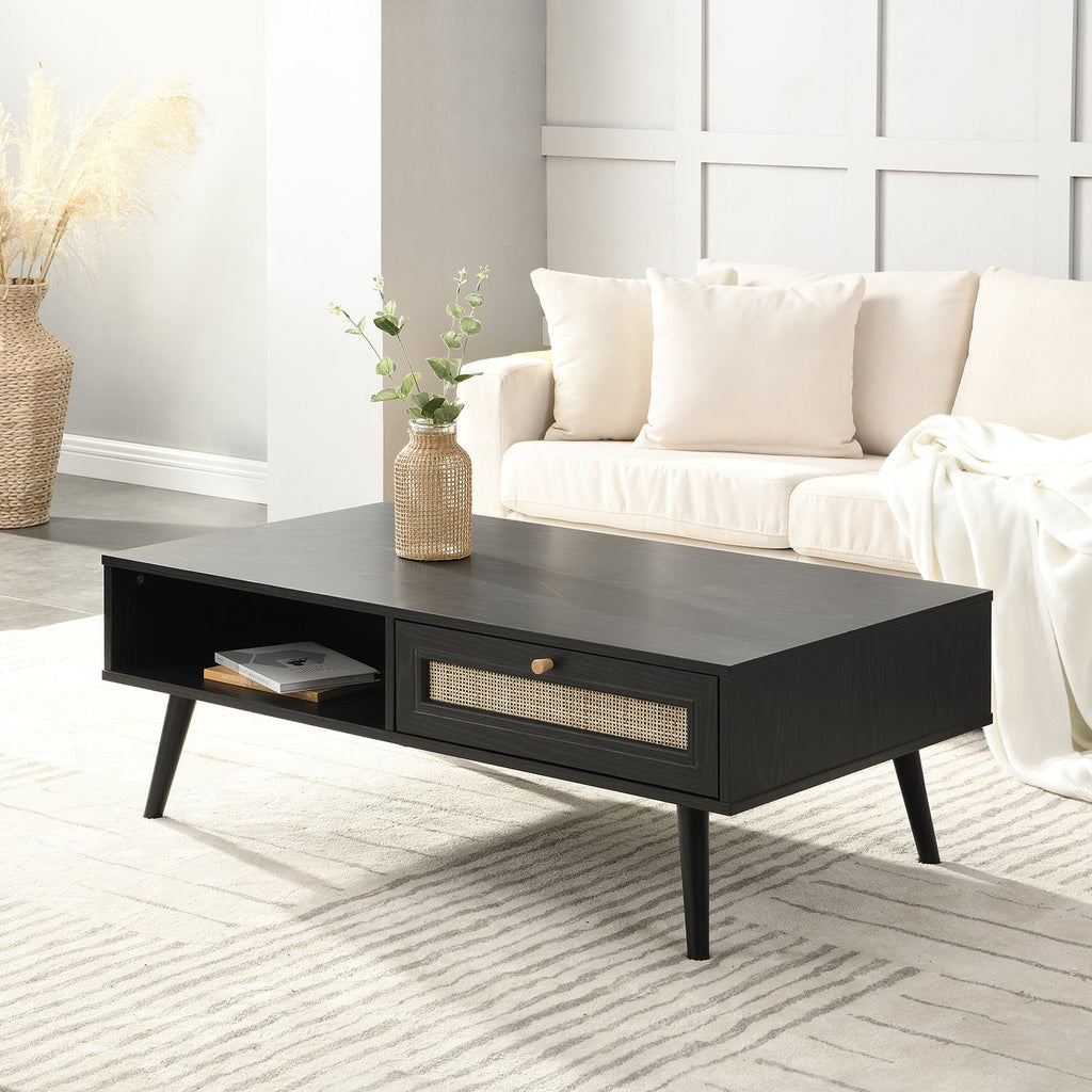 Woven Rattan Wooden Coffee Table in Black