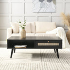 Woven Rattan Wooden Coffee Table in Black