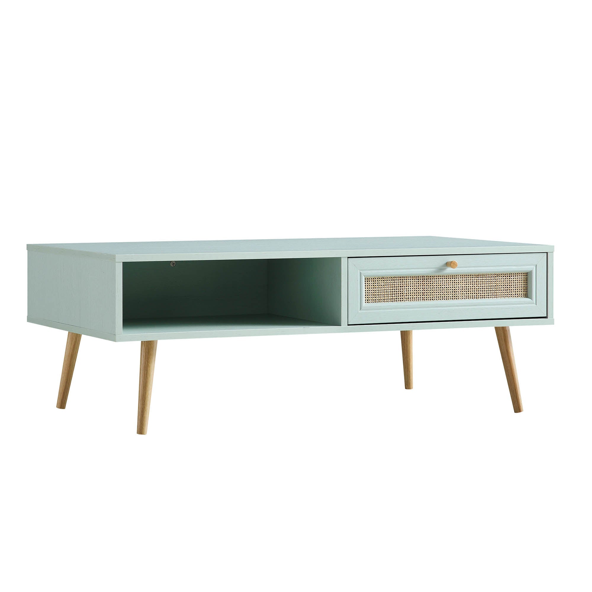 Woven Rattan Wooden Coffee Table in Mint