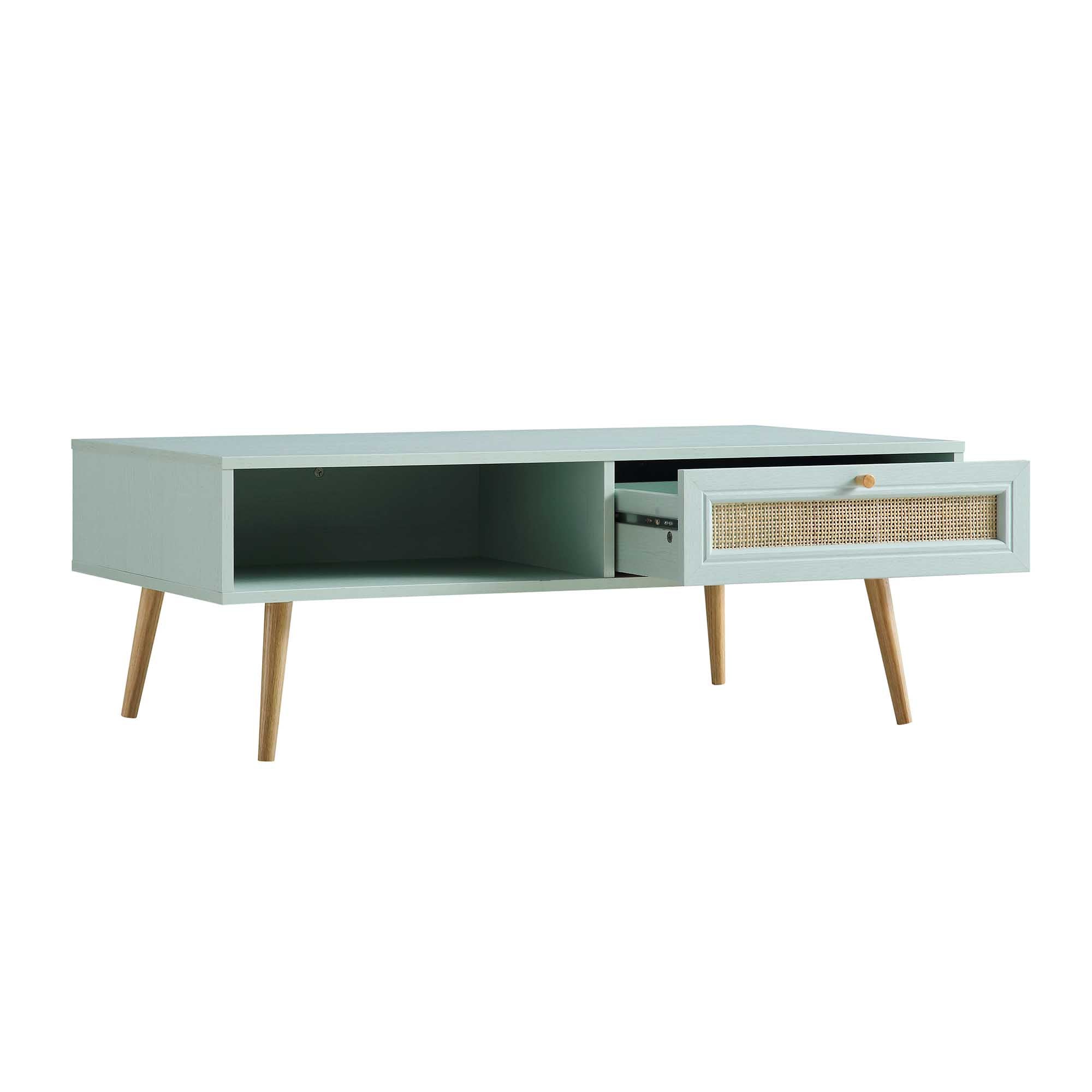 Woven Rattan Wooden Coffee Table in Mint