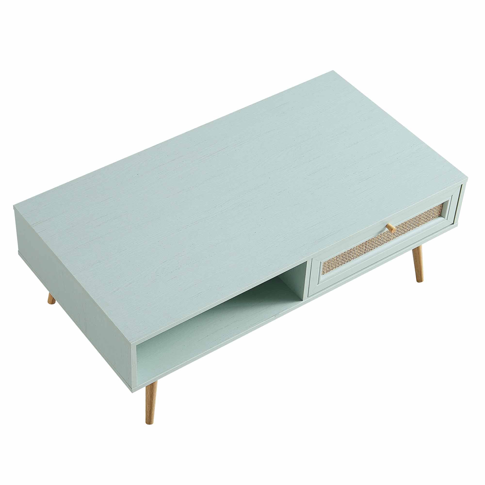 Woven Rattan Wooden Coffee Table in Mint