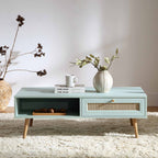Woven Rattan Wooden Coffee Table in Mint