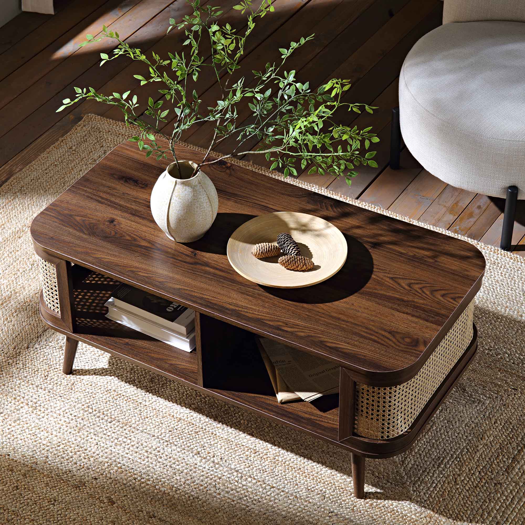 Curved Rattan Coffee Table, Walnut