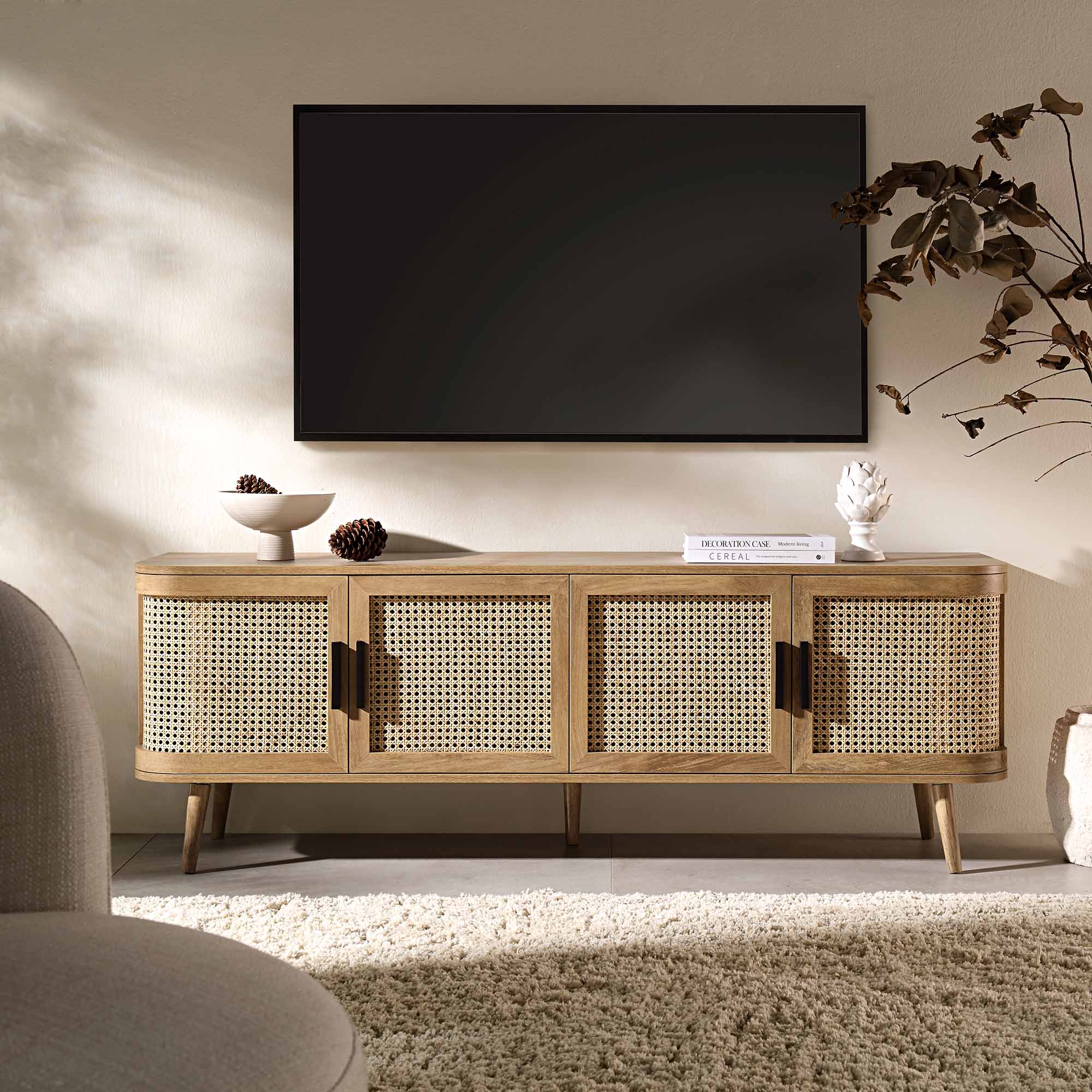 Curved Rattan 63 Wide TV Unit, Natural
