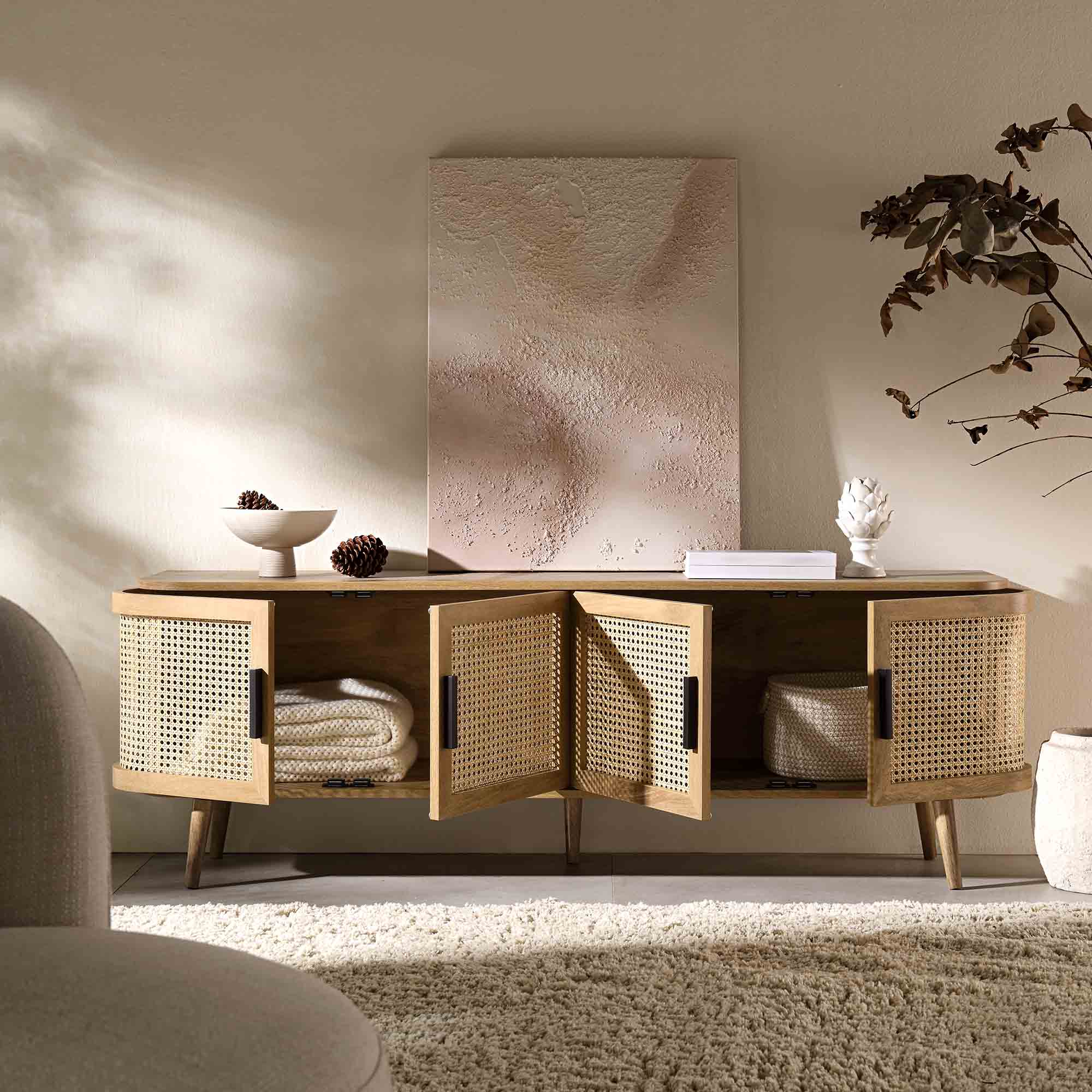 Curved Rattan 63 Wide TV Unit, Natural