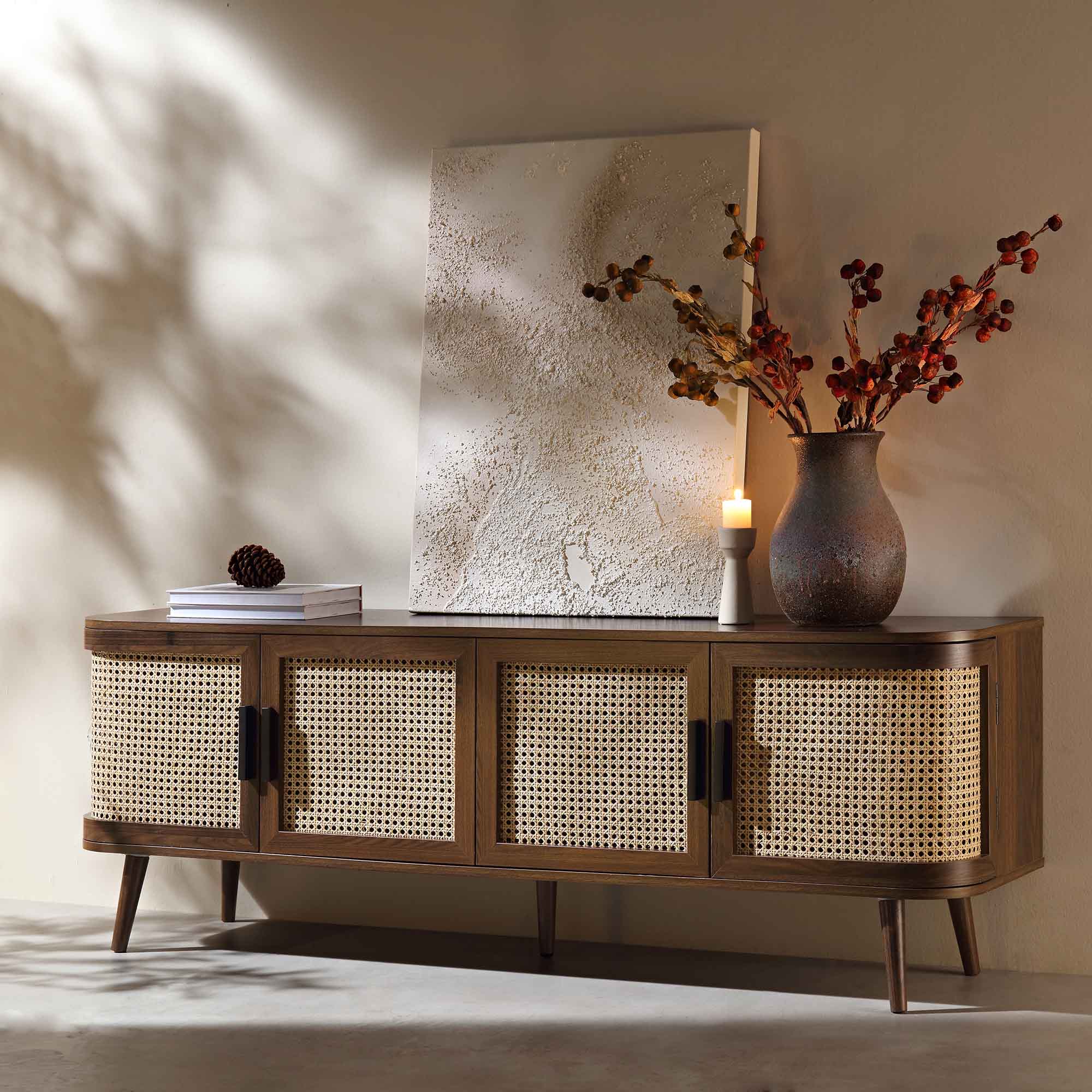 Curved Rattan 63 Wide TV Unit, Walnut