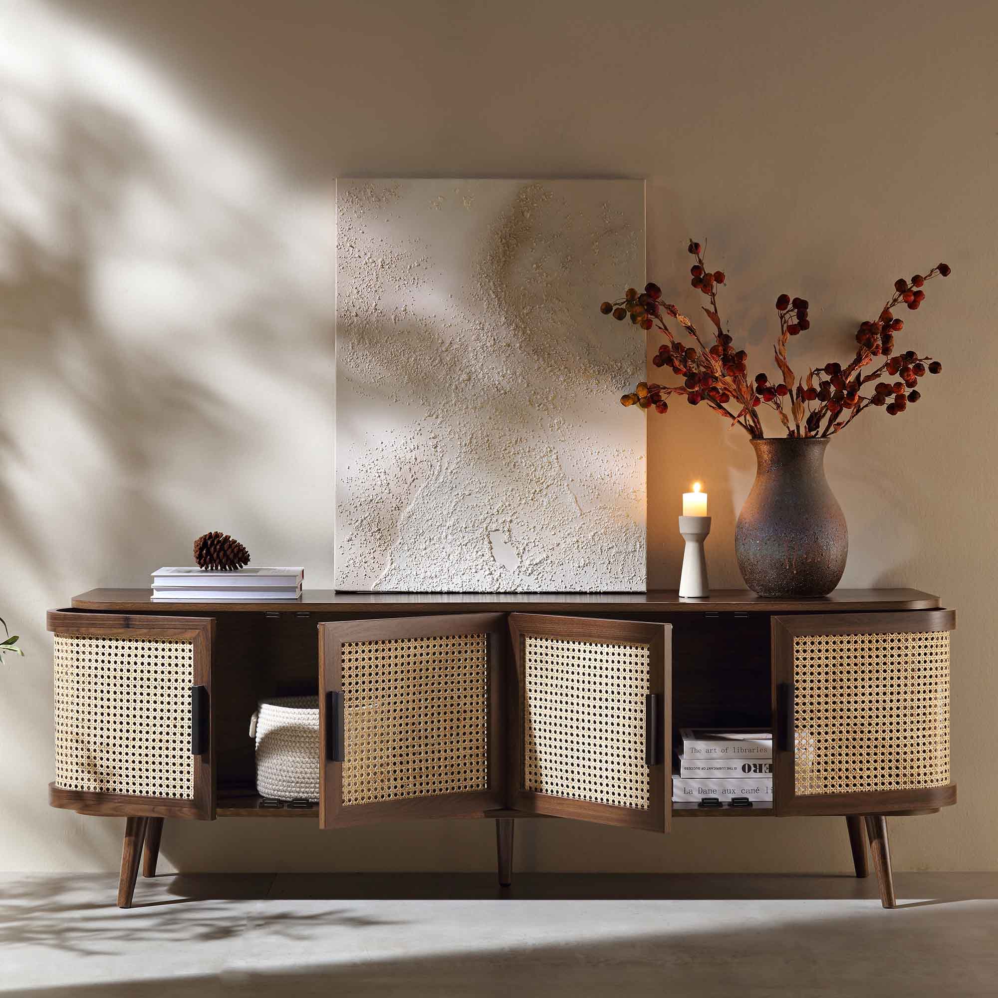 Curved Rattan 63 Wide TV Unit, Walnut