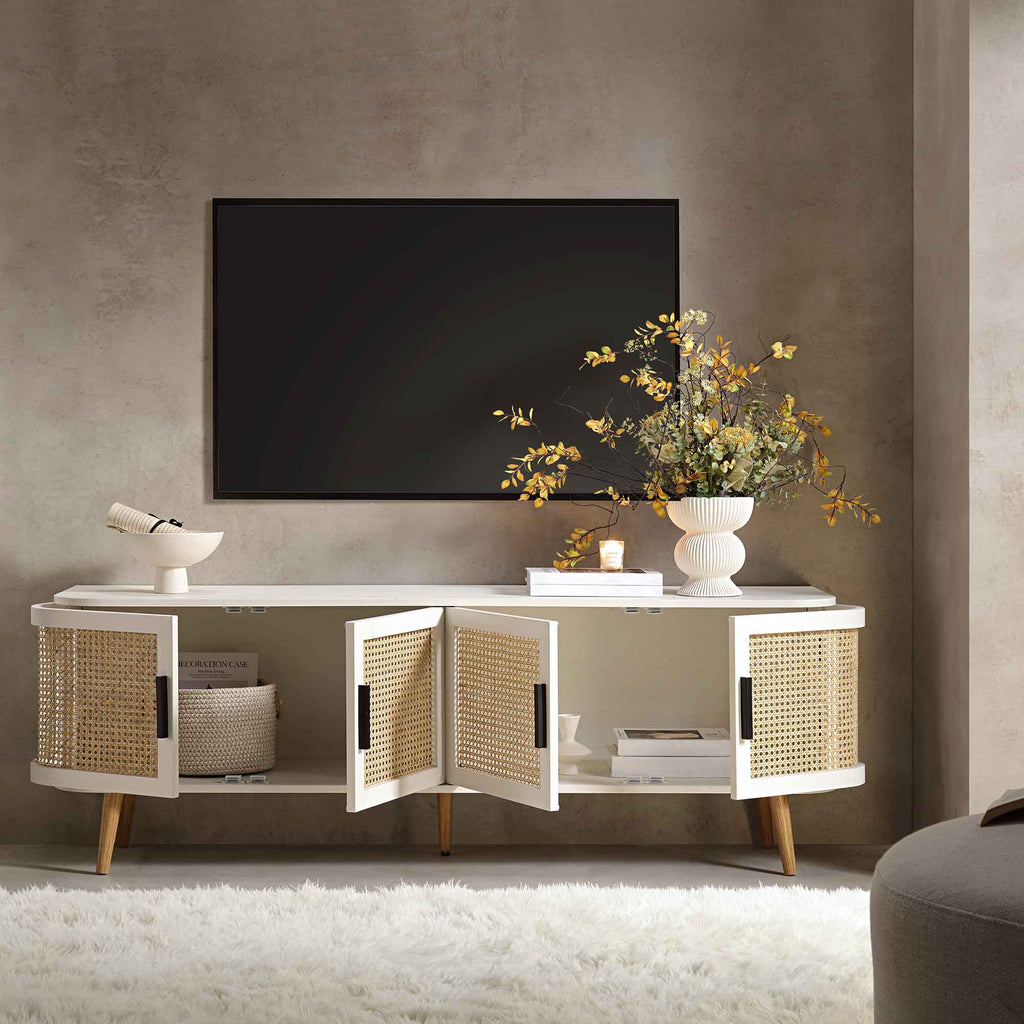 Curved Rattan 63 Wide TV Unit, White