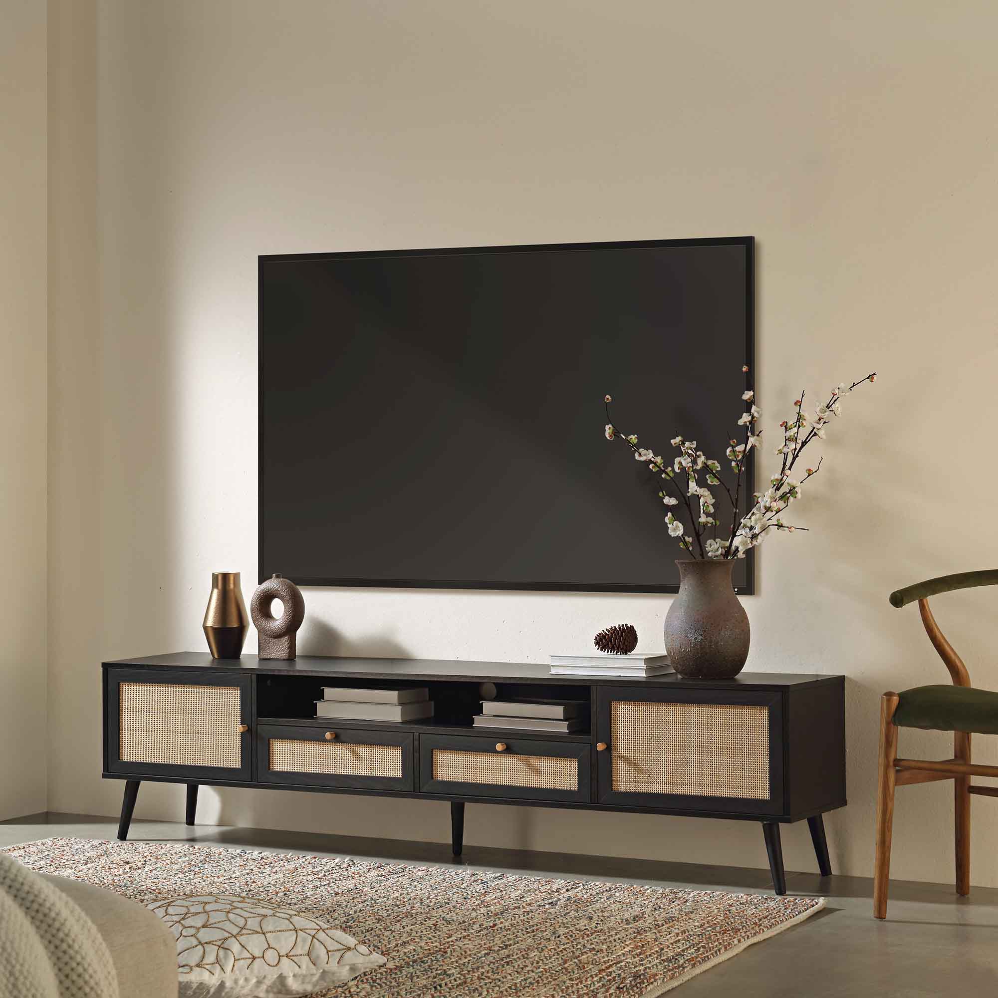 Woven Rattan 79in. Wide TV Unit, Black