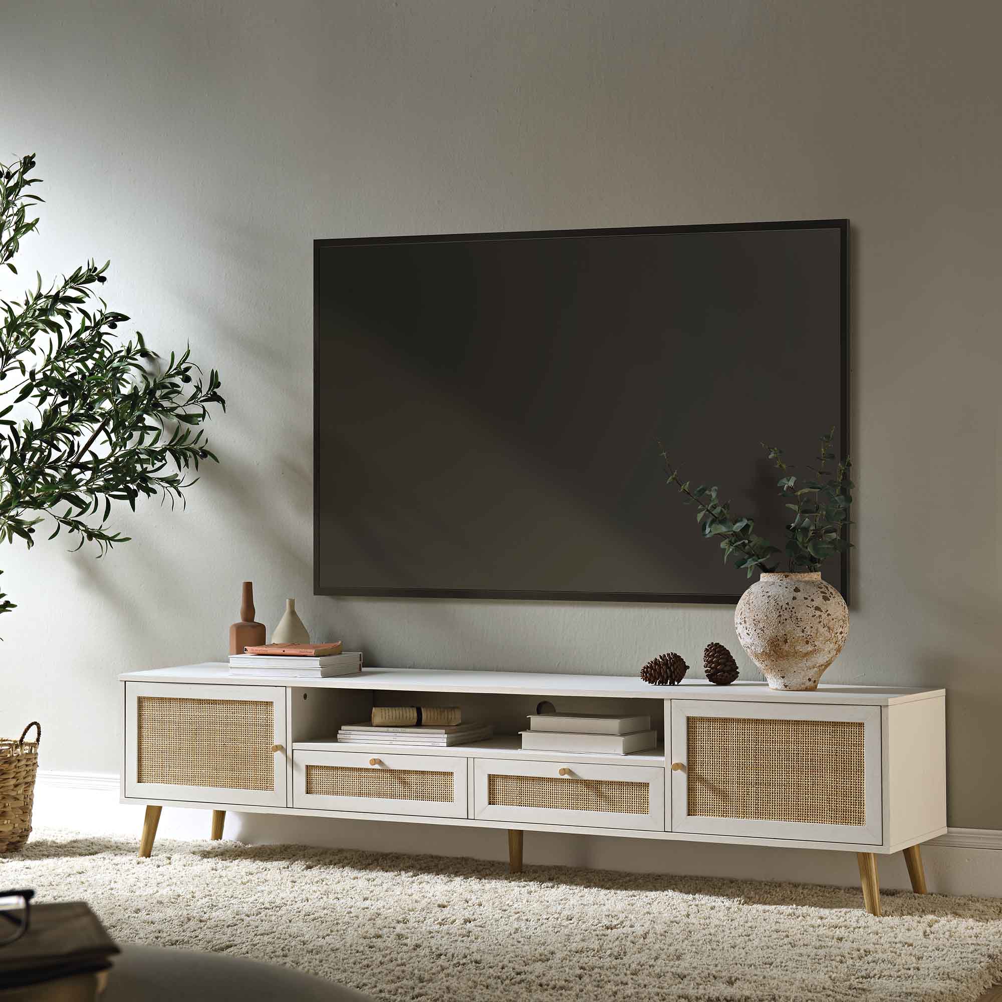 Woven Rattan 79in. Wide TV Unit, White