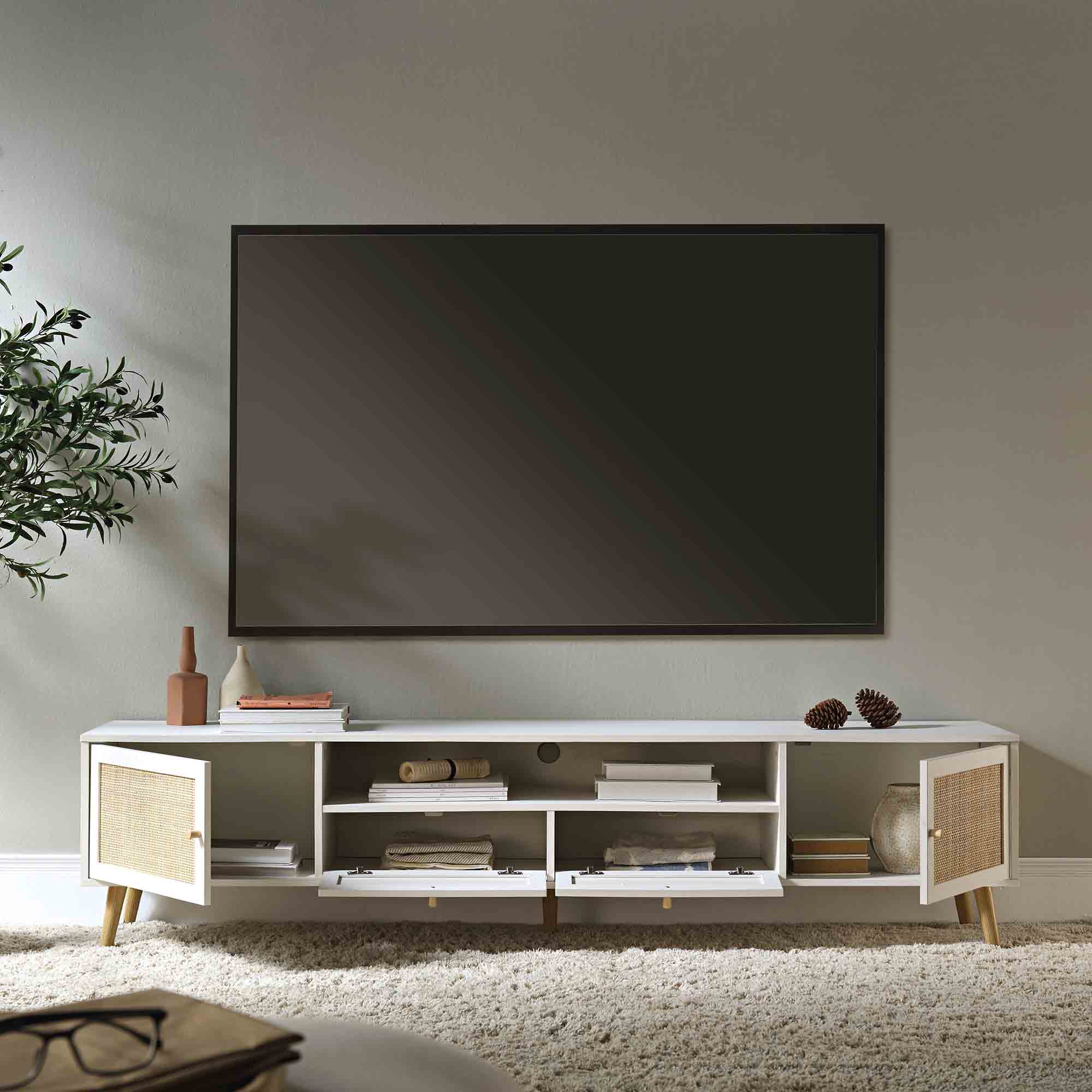Woven Rattan 79in. Wide TV Unit, White