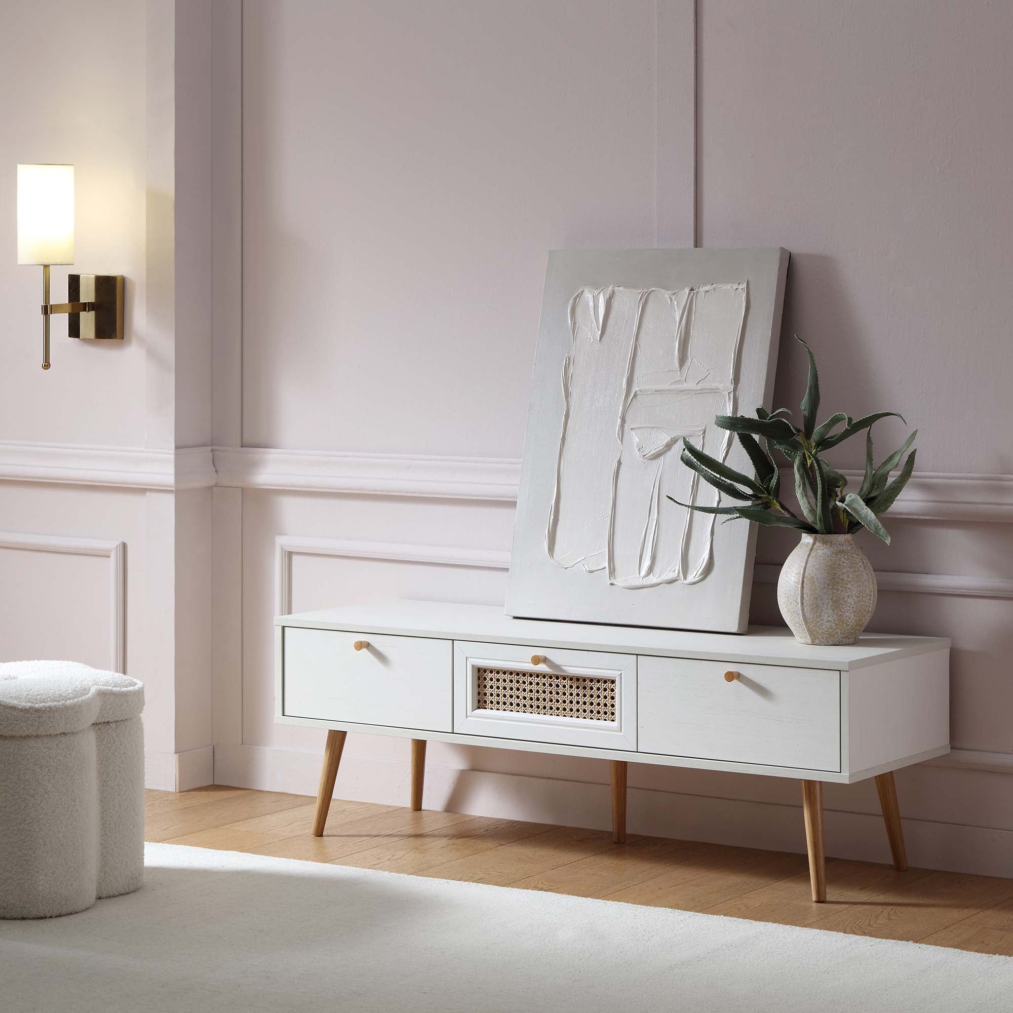 Woven Rattan 3-Drawer TV Unit in White