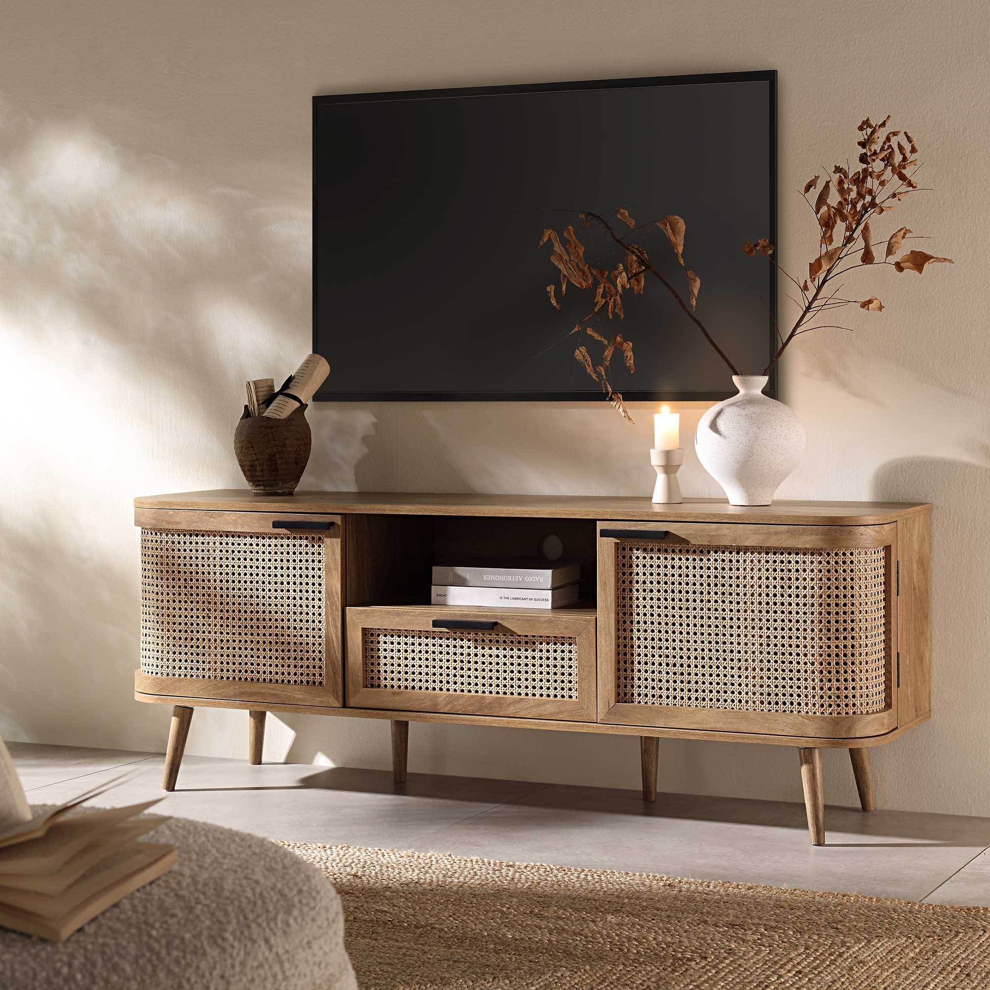 Curved Rattan 59 TV Unit, Natural