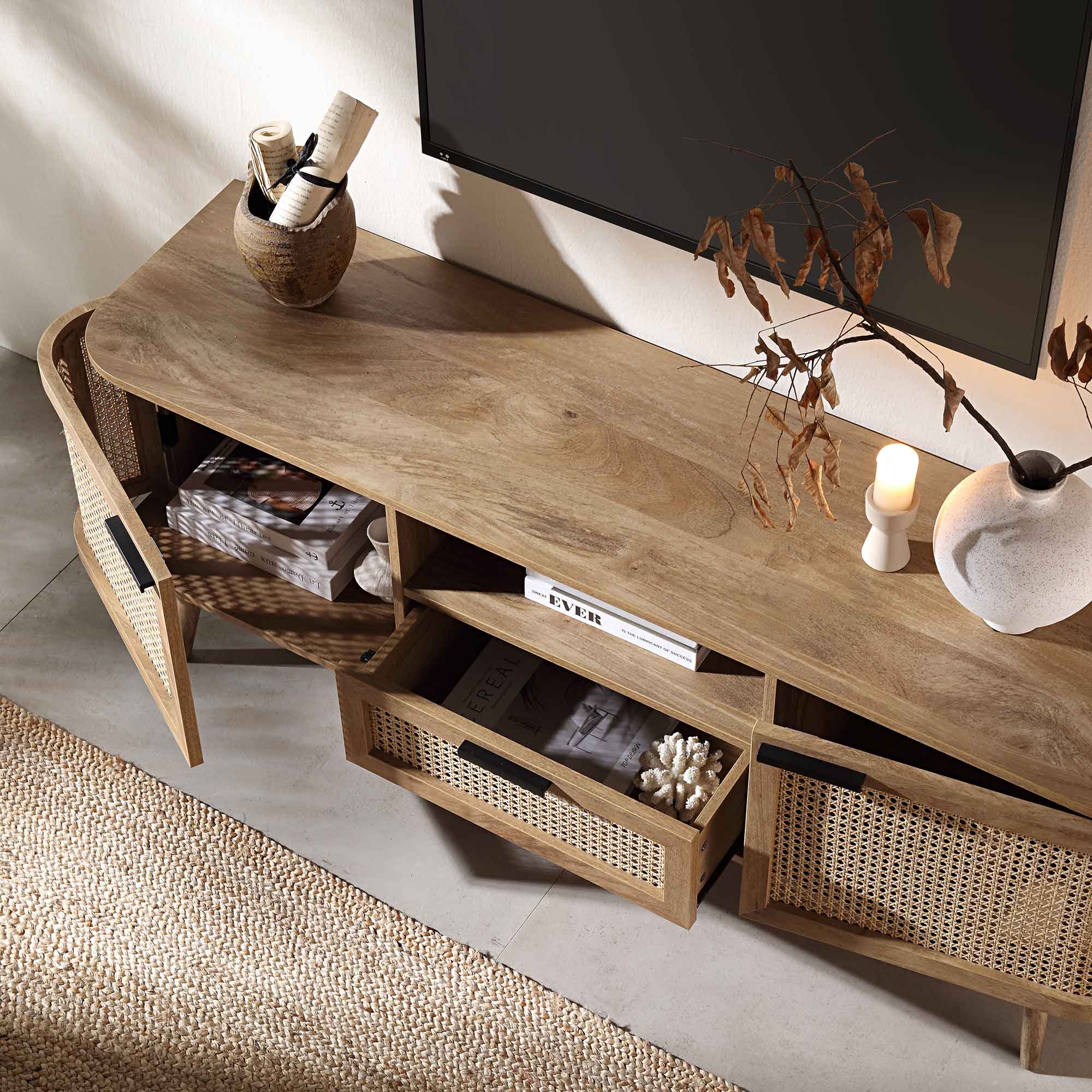 Curved Rattan 59 TV Unit, Natural