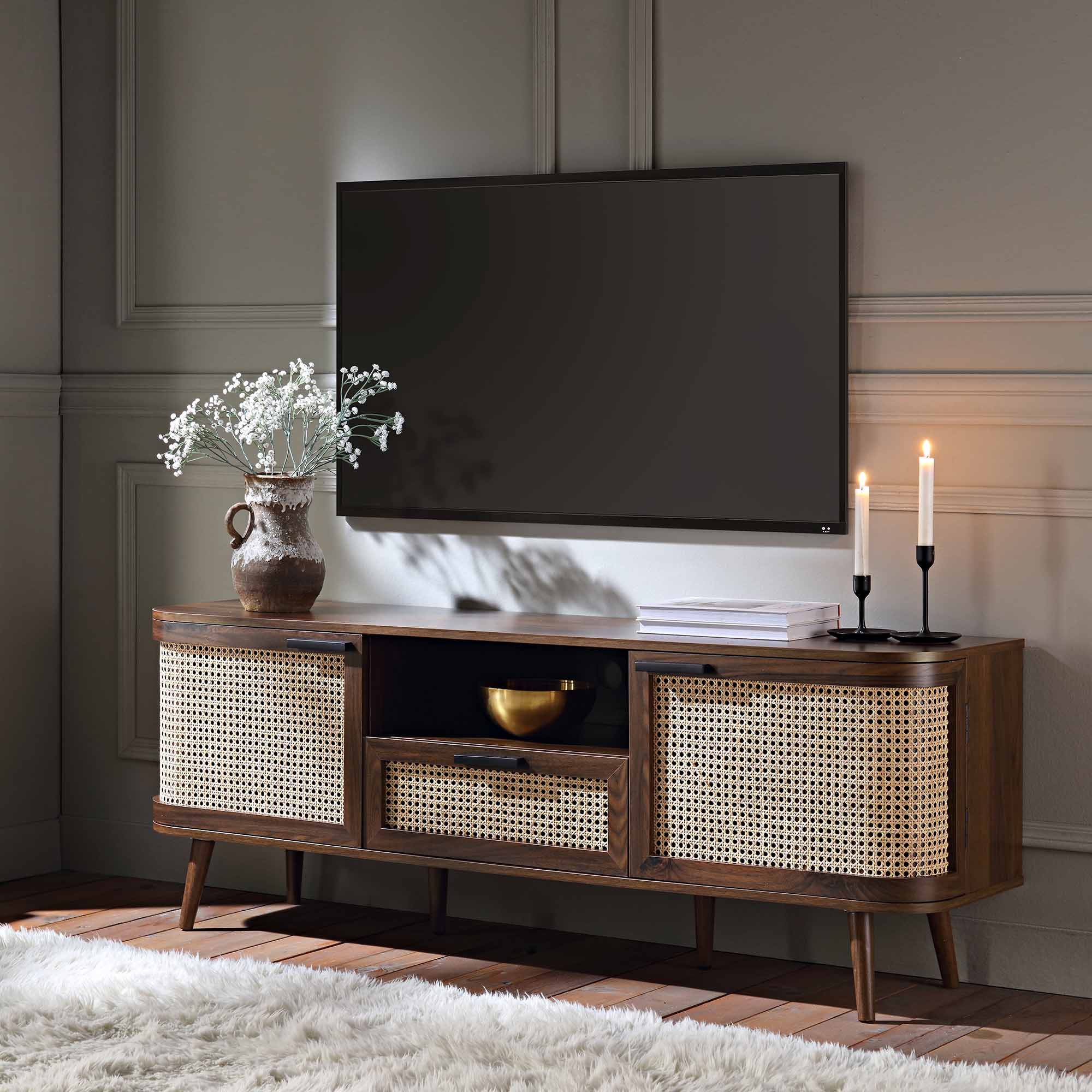 Curved Rattan 59 TV Unit, Walnut