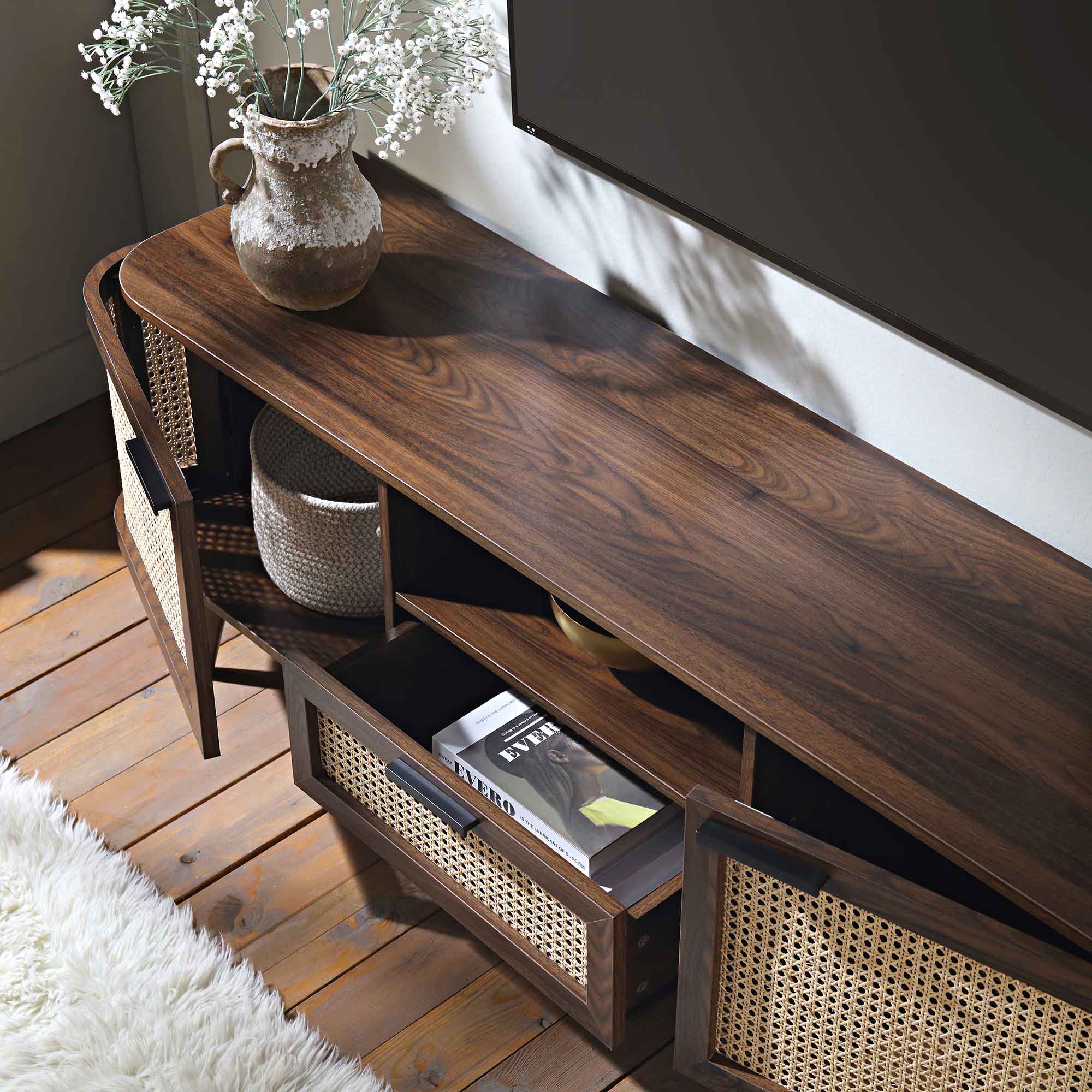 Curved Rattan 59 TV Unit, Walnut