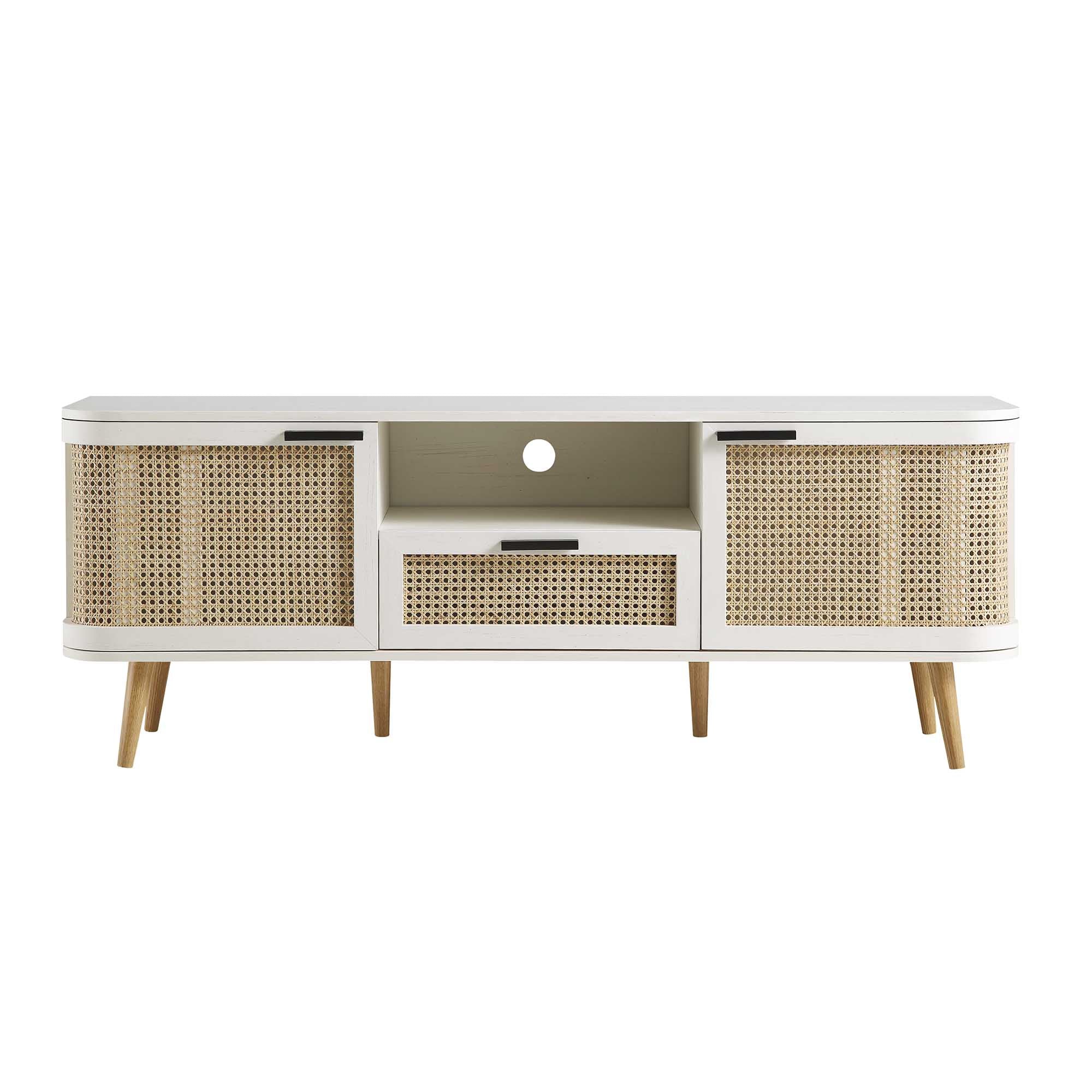 59" White Curved Rattan TV Stand with 2 Cupboards & Drawer, Cable Management & Scandi Style