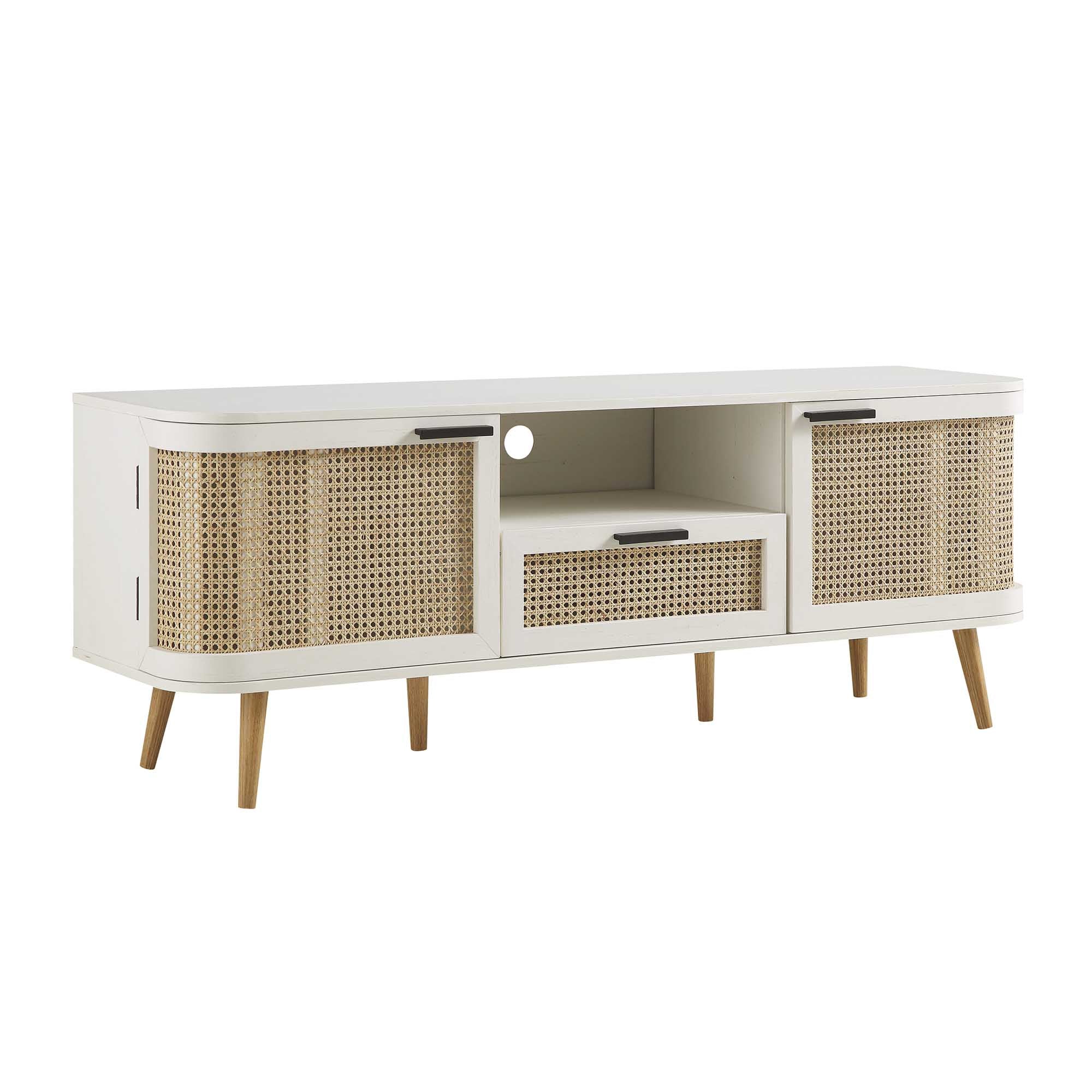 59" White Curved Rattan TV Stand with 2 Cupboards & Drawer, Cable Management & Scandi Style