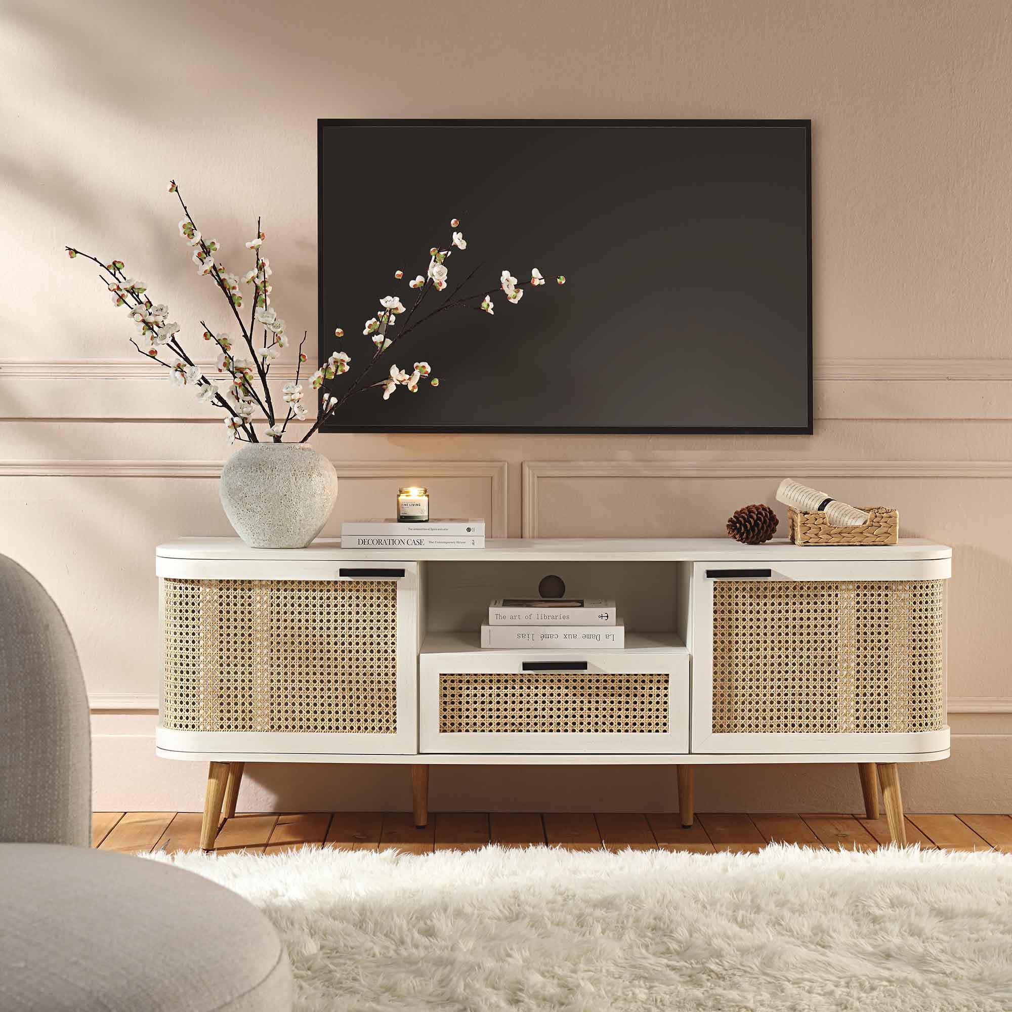59" White Curved Rattan TV Stand with 2 Cupboards & Drawer, Cable Management & Scandi Style